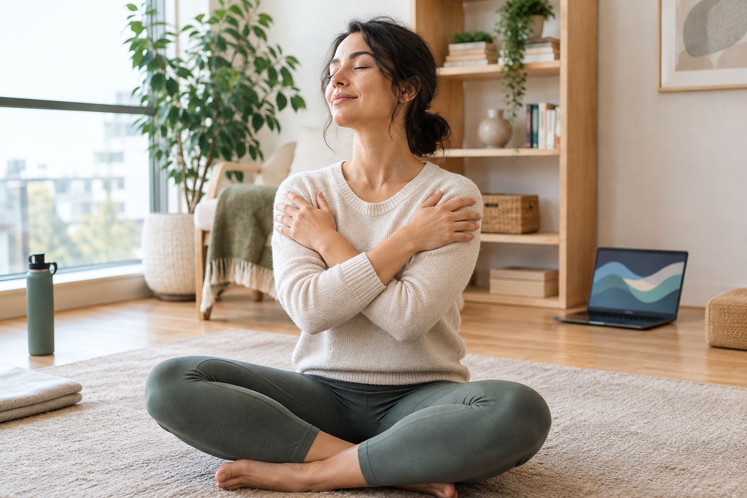 Person demonstrating the butterfly hug self-soothing position