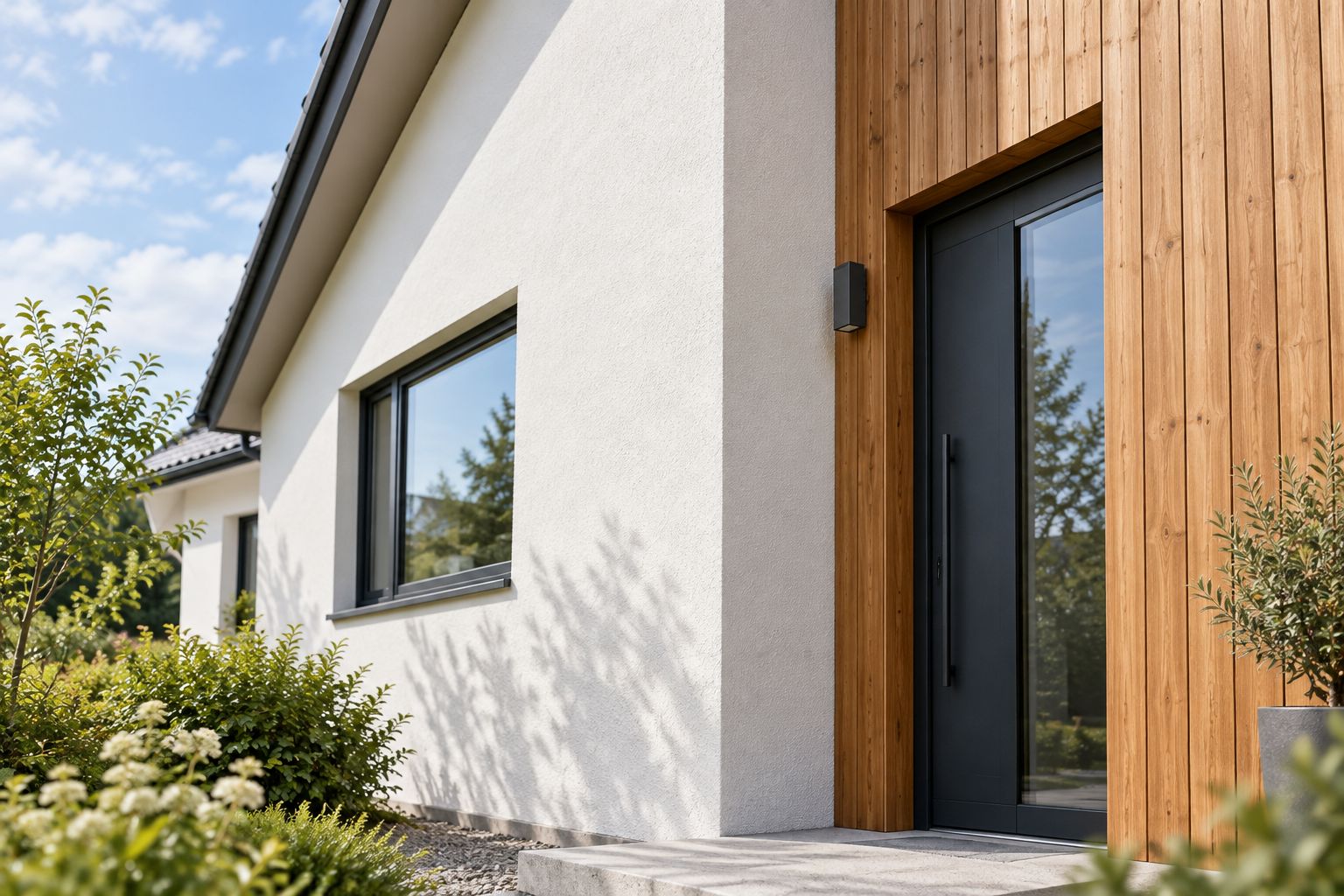 Hausfassade mit heller Putzfläche und vertikaler Holzbekleidung am Eingang