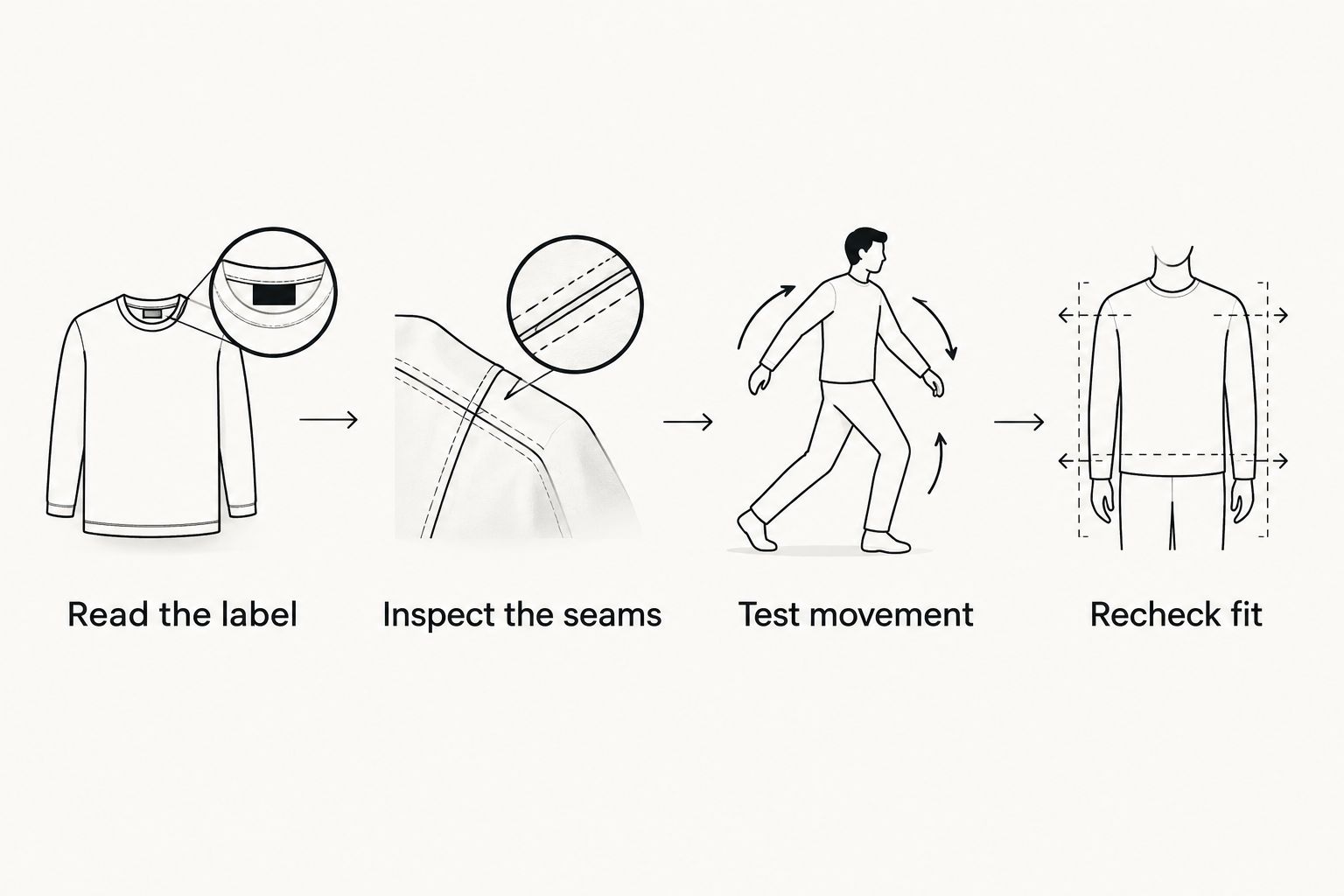 Four garment checks: label, seams, movement, and fit
