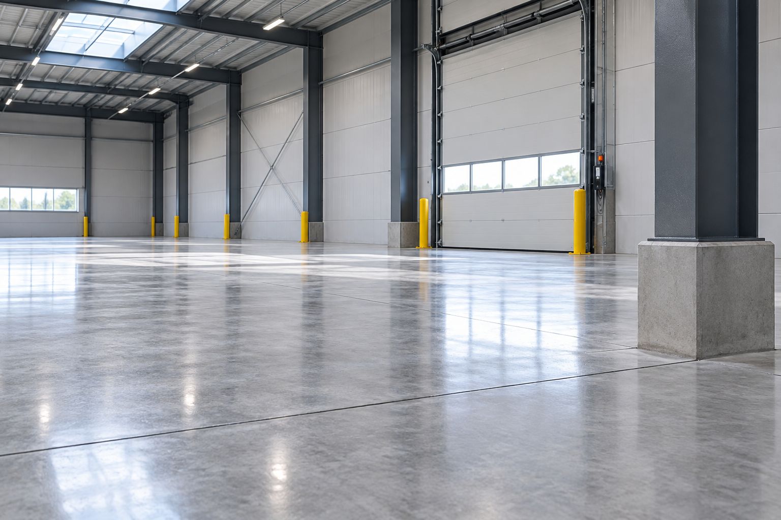 Betonnen magazijnvloer met voegen en aansluitingen bij kolommen en een laadpoort.