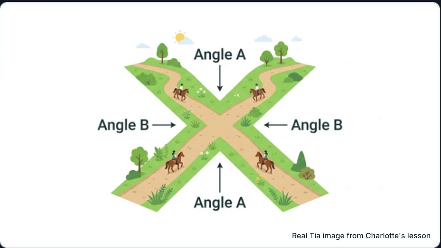 Tia's horse-trail diagram showing two vertically opposite angle pairs