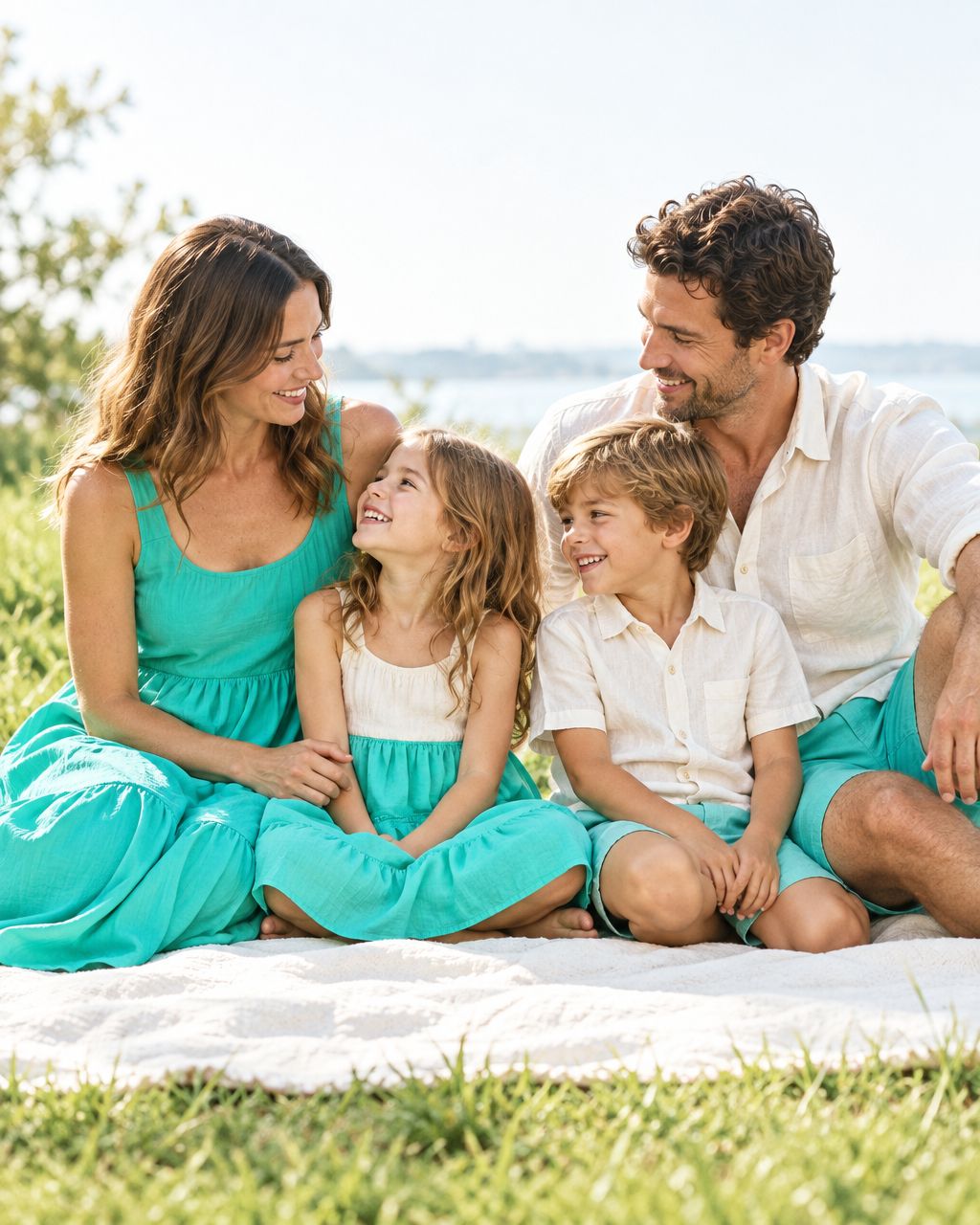 Illustrative family scene with parents and two children wearing coordinated turquoise and cream outfits outdoors.