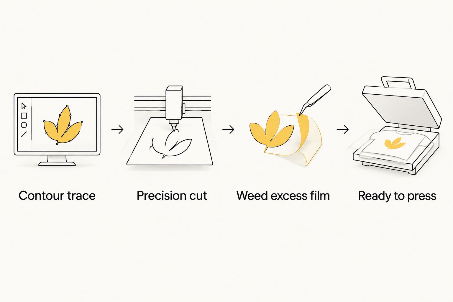 Four steps showing how a precision cut DTF transfer is produced