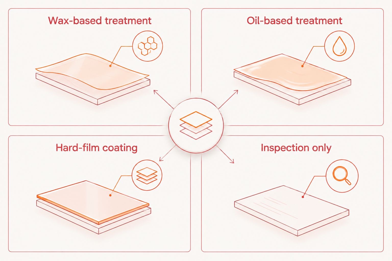 Four underbody treatment approaches: wax, oil, hard-film coating, and inspection without coating.