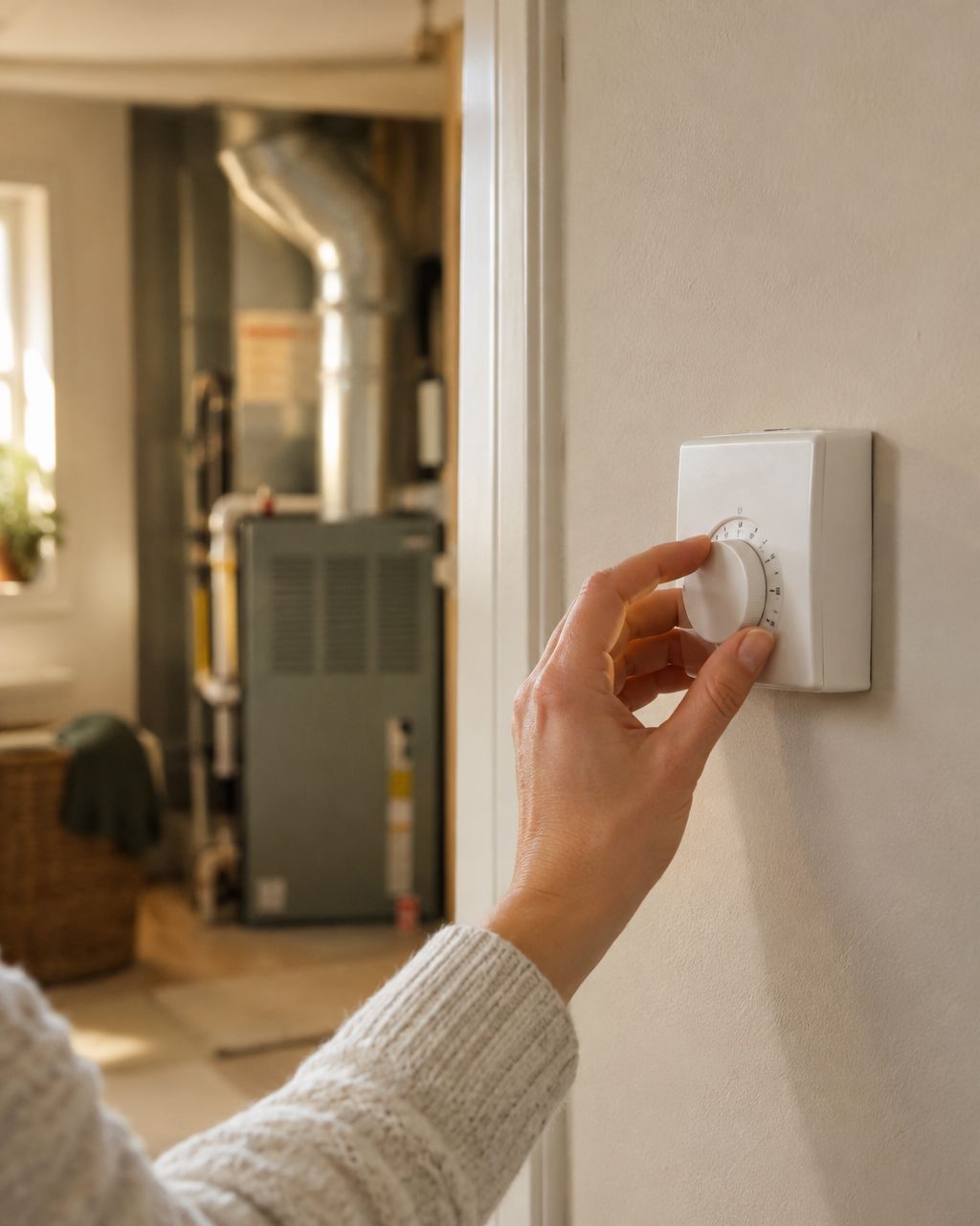 Homeowner adjusting a wall thermostat with a furnace visible in the background