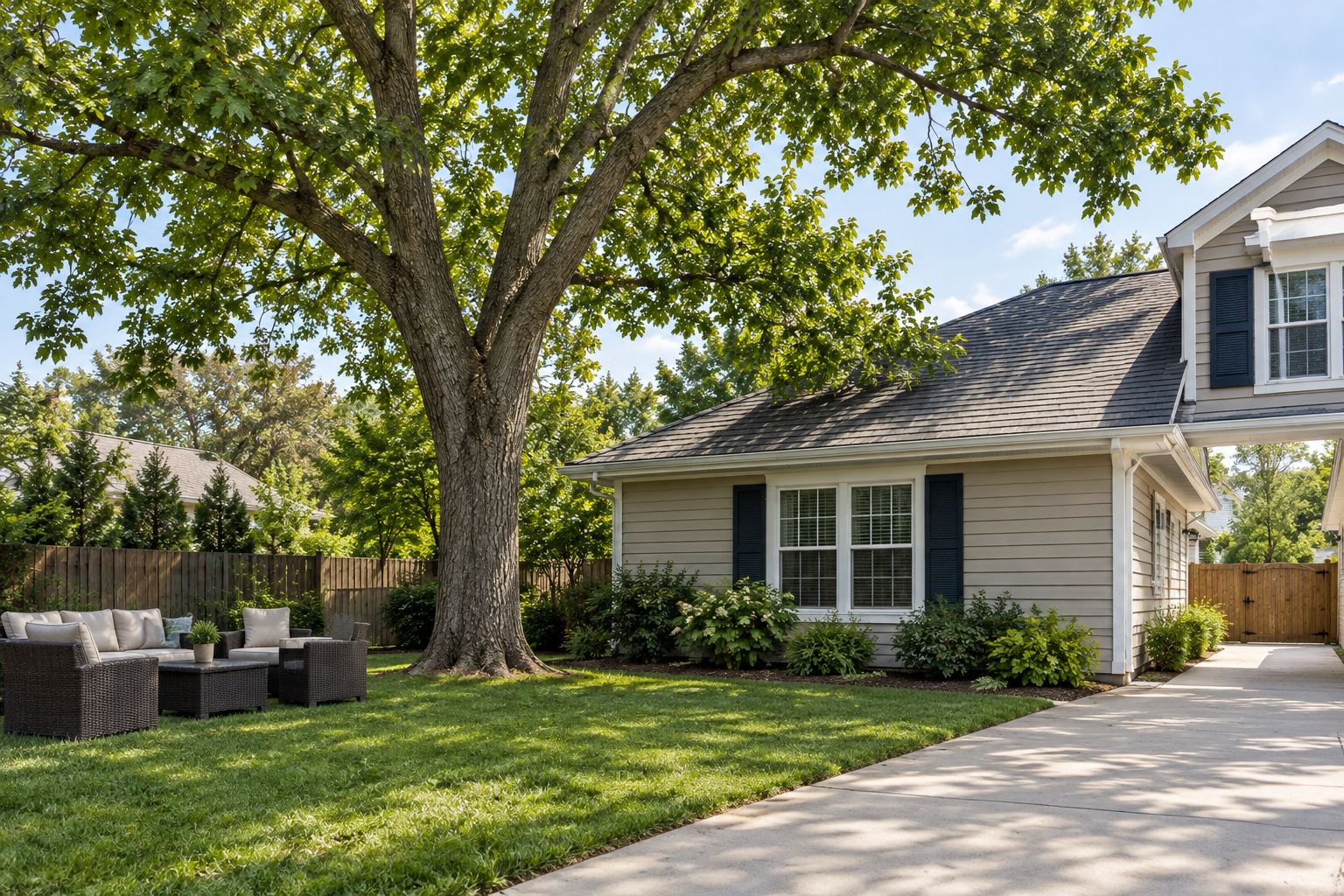 Tree beside a house with driveway access and the surrounding yard cleared of movable belongings