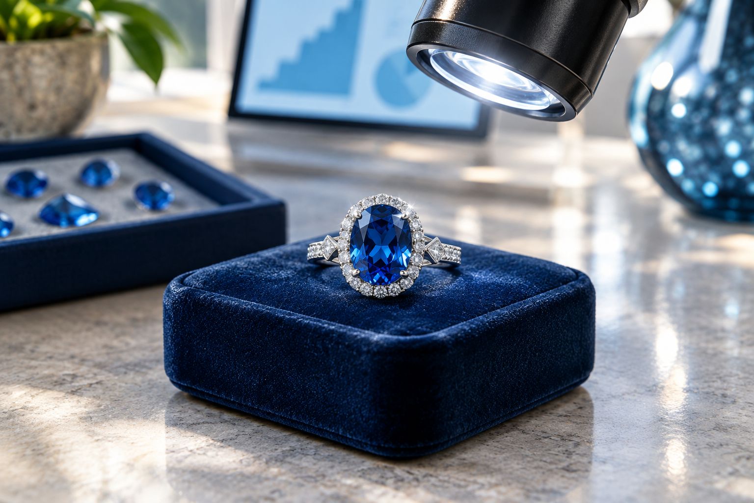 Close-up of a blue diamond ring on dark velvet under jeweler's light