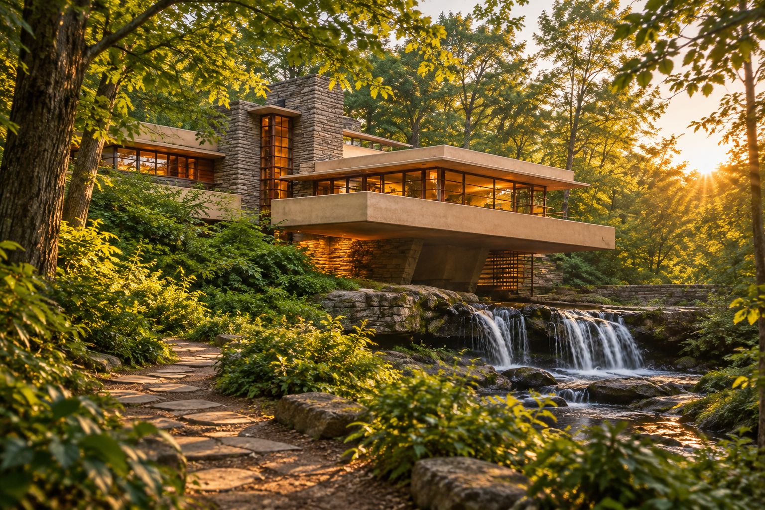 Prairie-style stone and wood house with cantilevered terrace at golden hour
