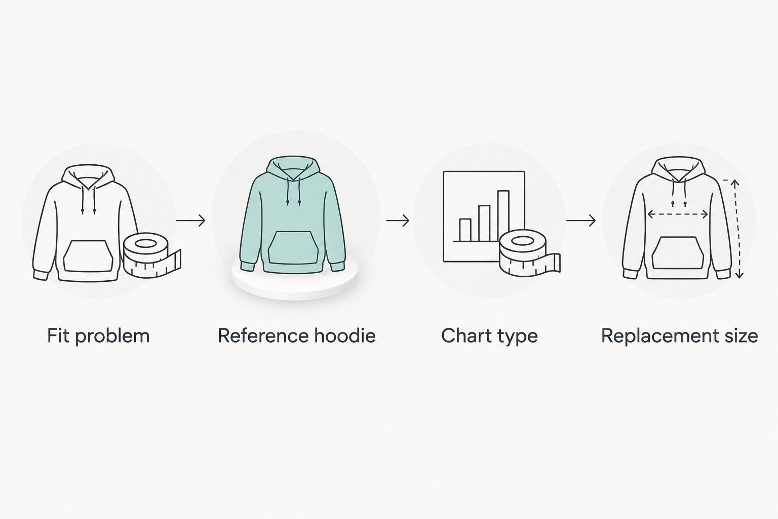 Four steps for choosing a replacement hoodie size using a reference garment and the correct chart