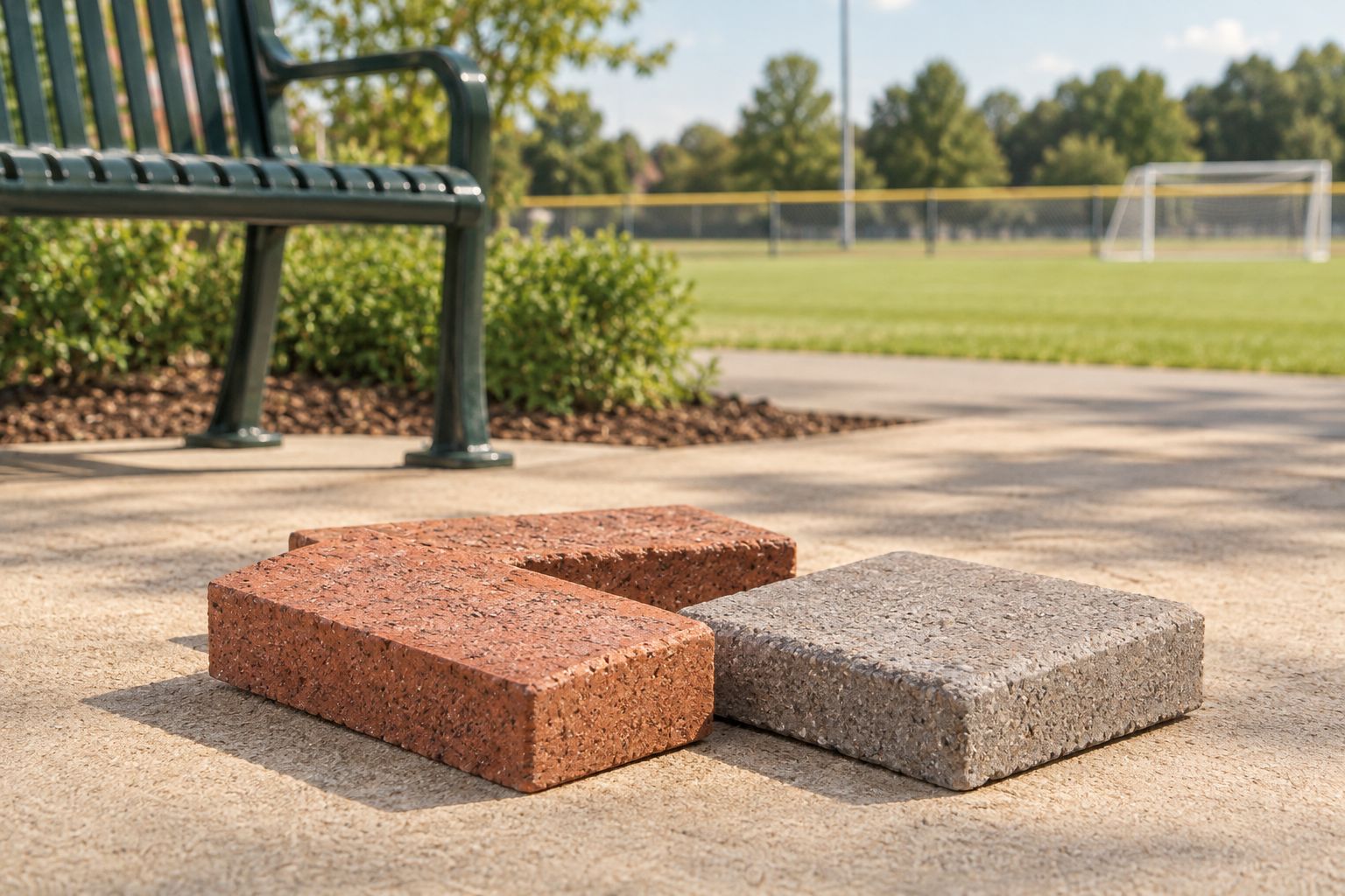 Brick and paver samples beside a sports ground walkway