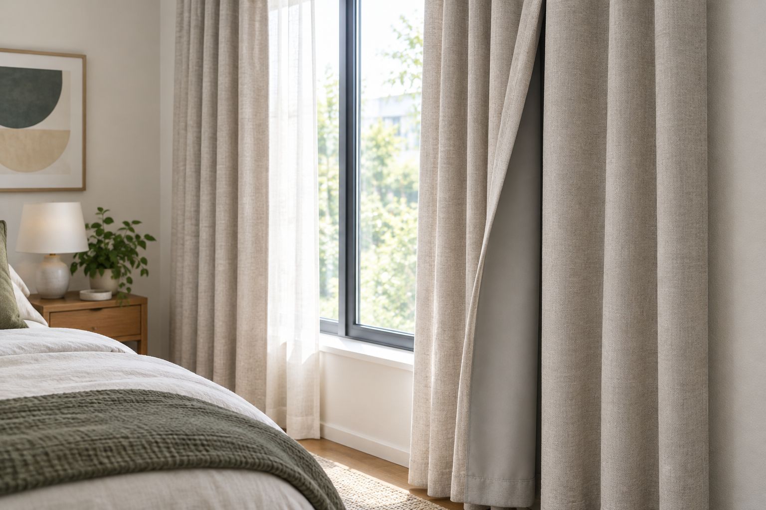 Lined bedroom drapes showing an outer return toward the wall and overlapping center panels