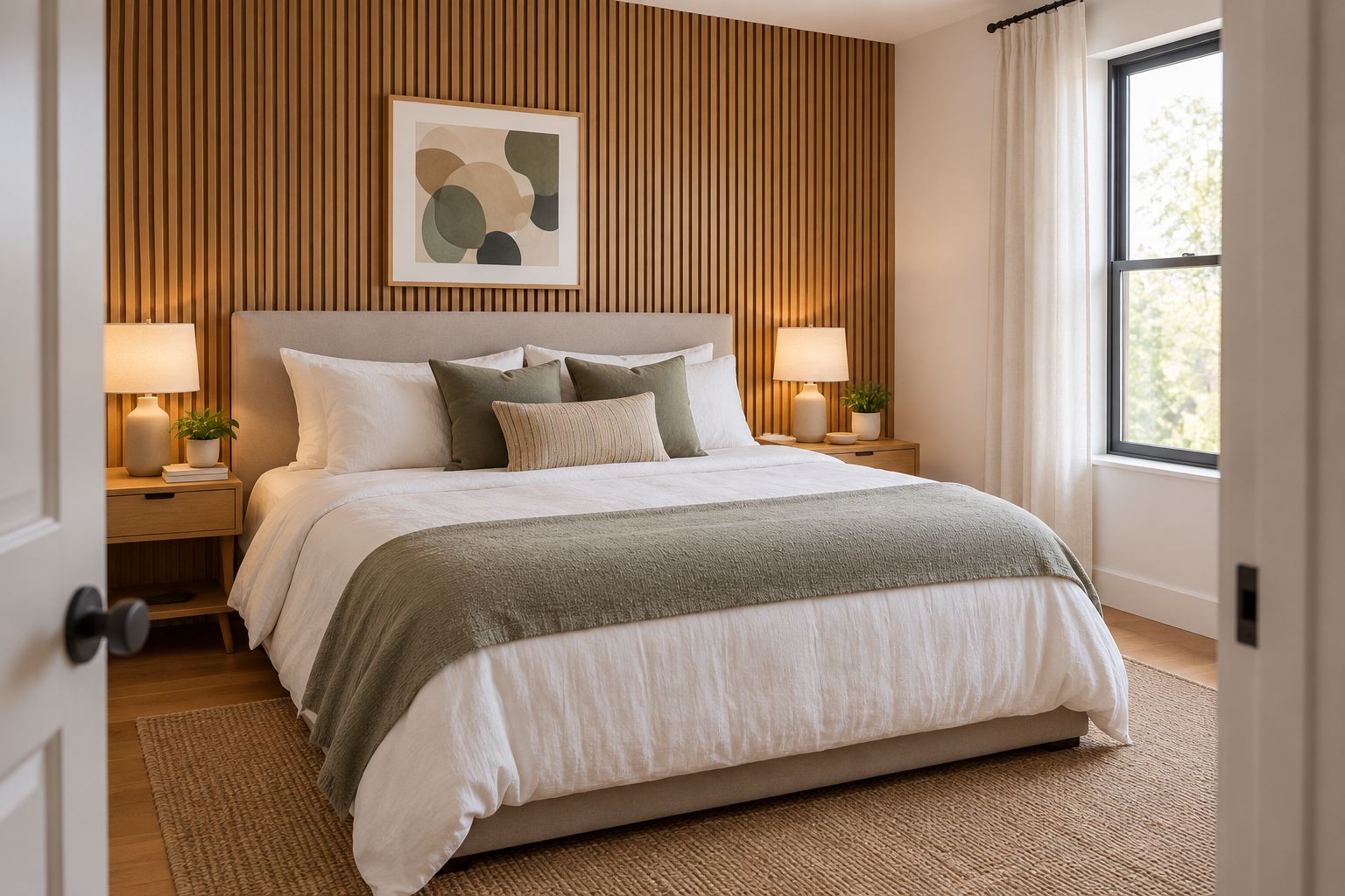 Rental bedroom with a wood slat accent wall behind the bed and plain surrounding walls