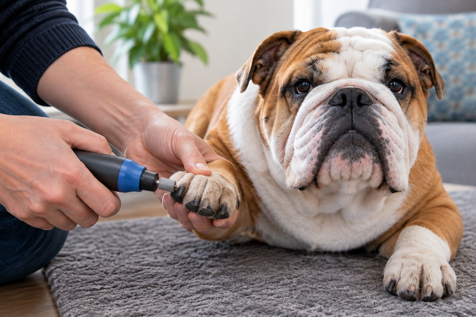 Rotary grinder smoothing an English Bulldog's thick nail