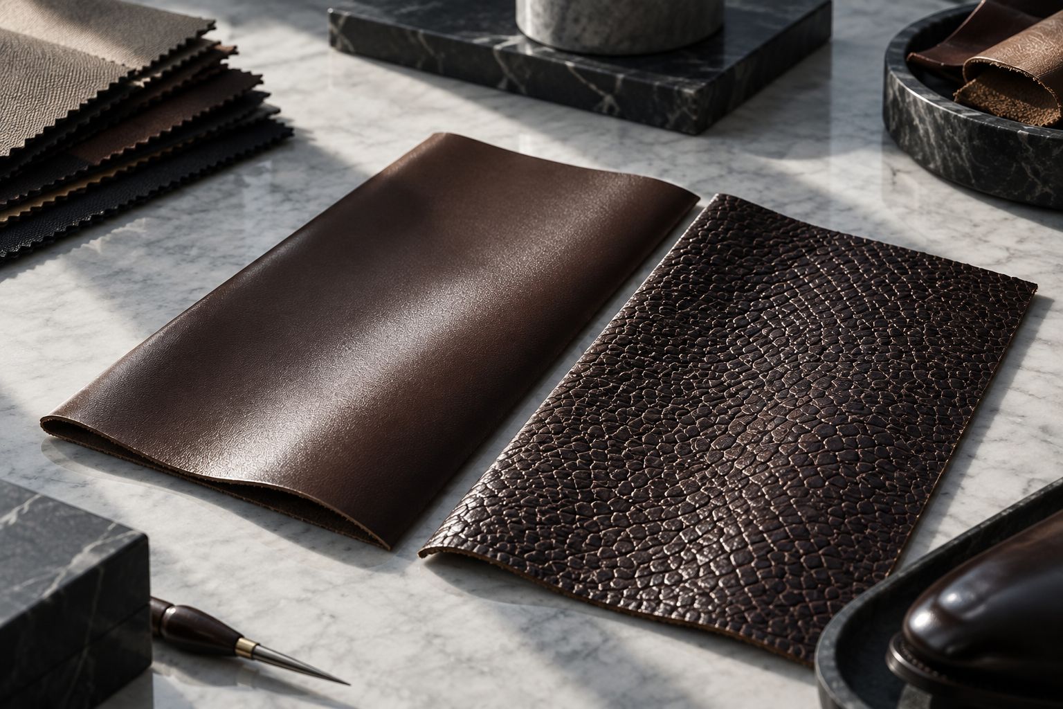 Close-up of calfskin leather beside a textured exotic leather panel