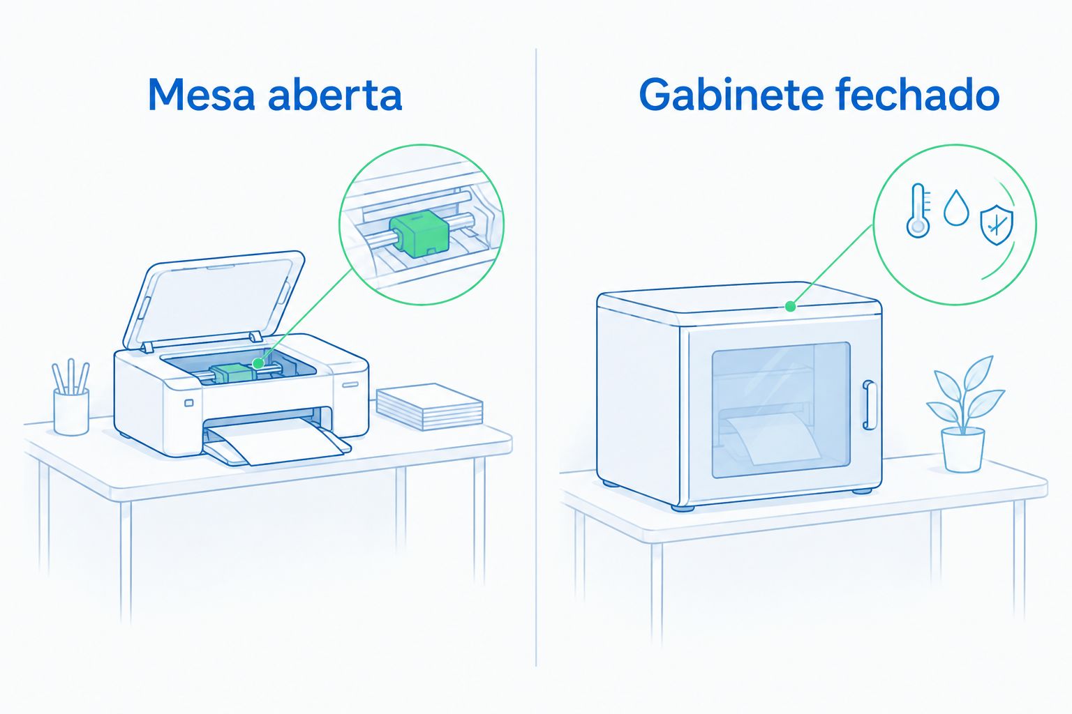Comparação entre mesa aberta, com acesso à peça, e gabinete fechado, com controle do ambiente.