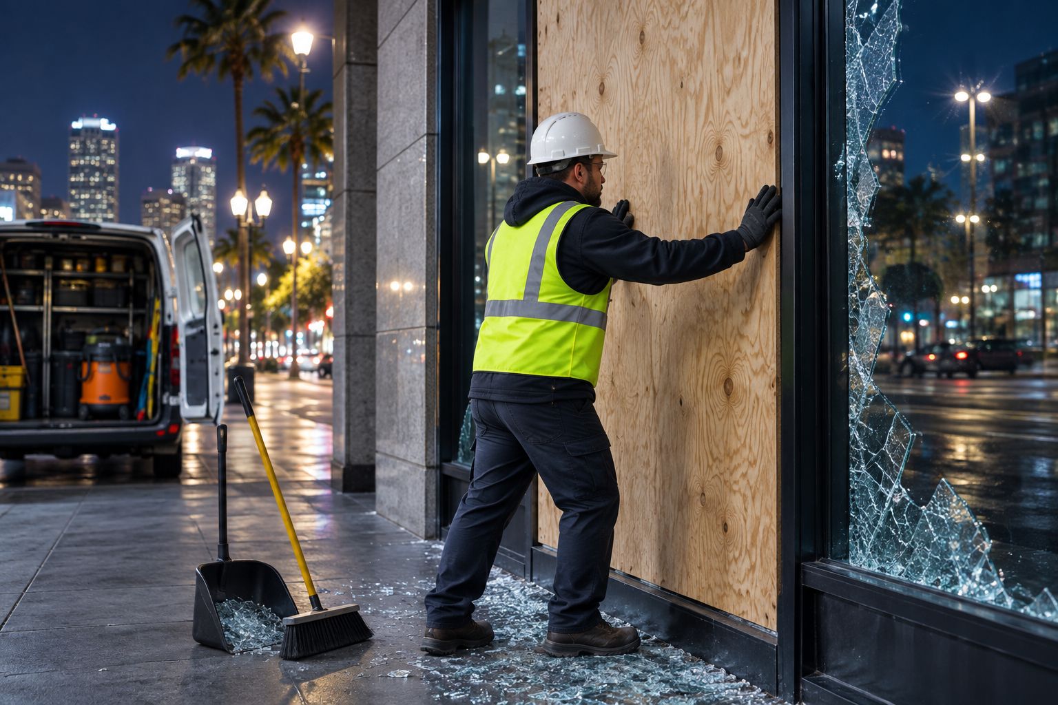 Technician boarding up a broken storefront window and clearing glass at night