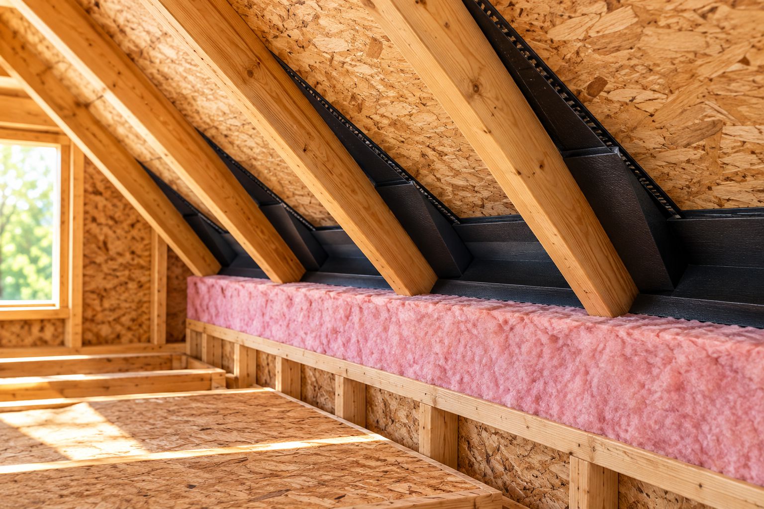 Prepared attic eave with a ventilation baffle and insulation dam before insulation installation