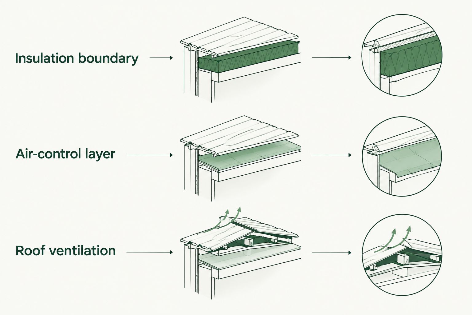 Three separate attic assembly responsibilities: insulation boundary, air-control layer, and roof ventilation