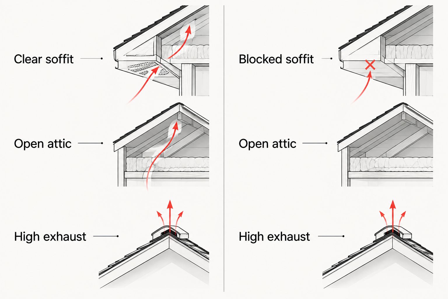 Comparison of clear soffit intake and blocked soffit intake beneath high attic exhaust