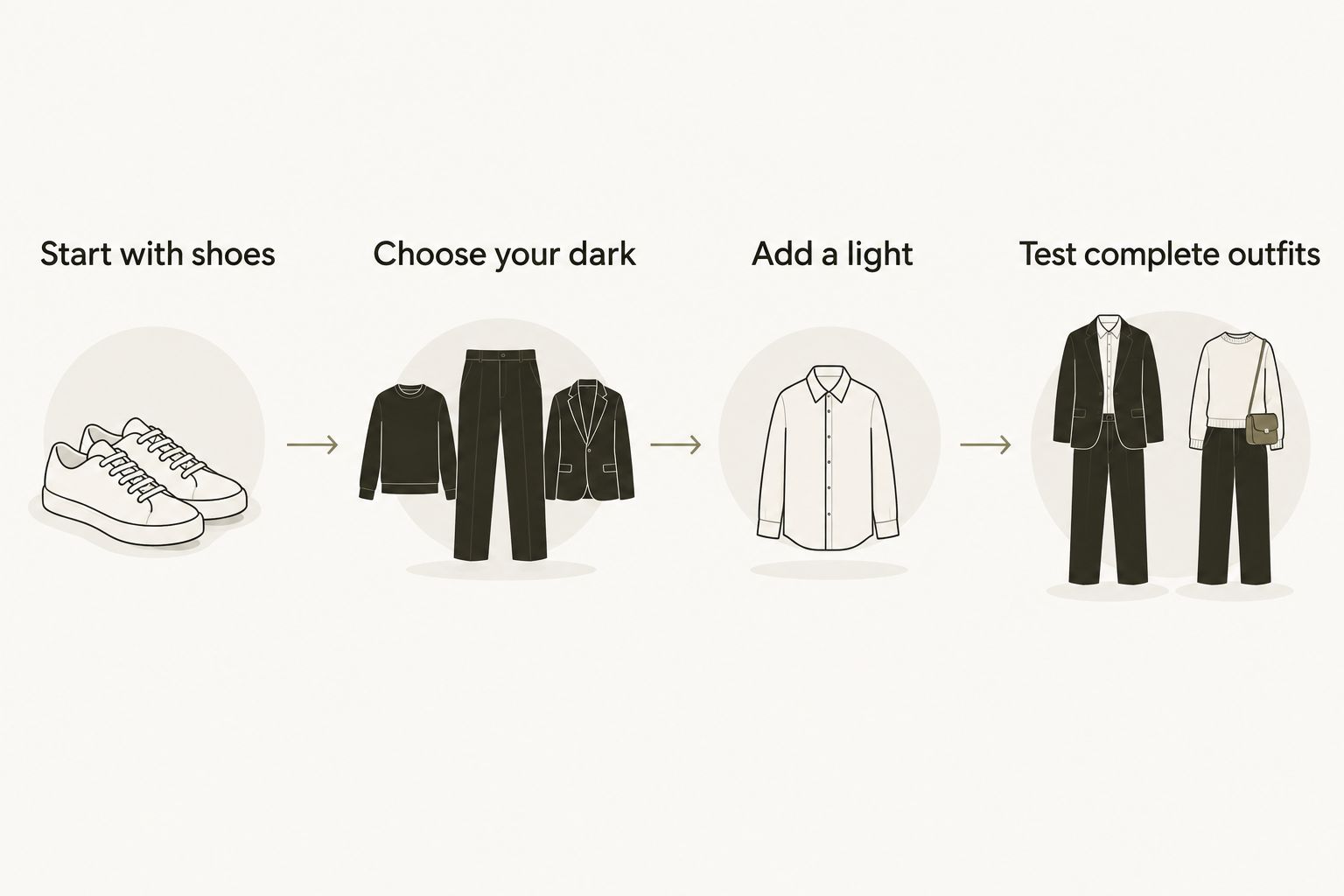 A wardrobe colour sequence from everyday shoes to testing complete outfits