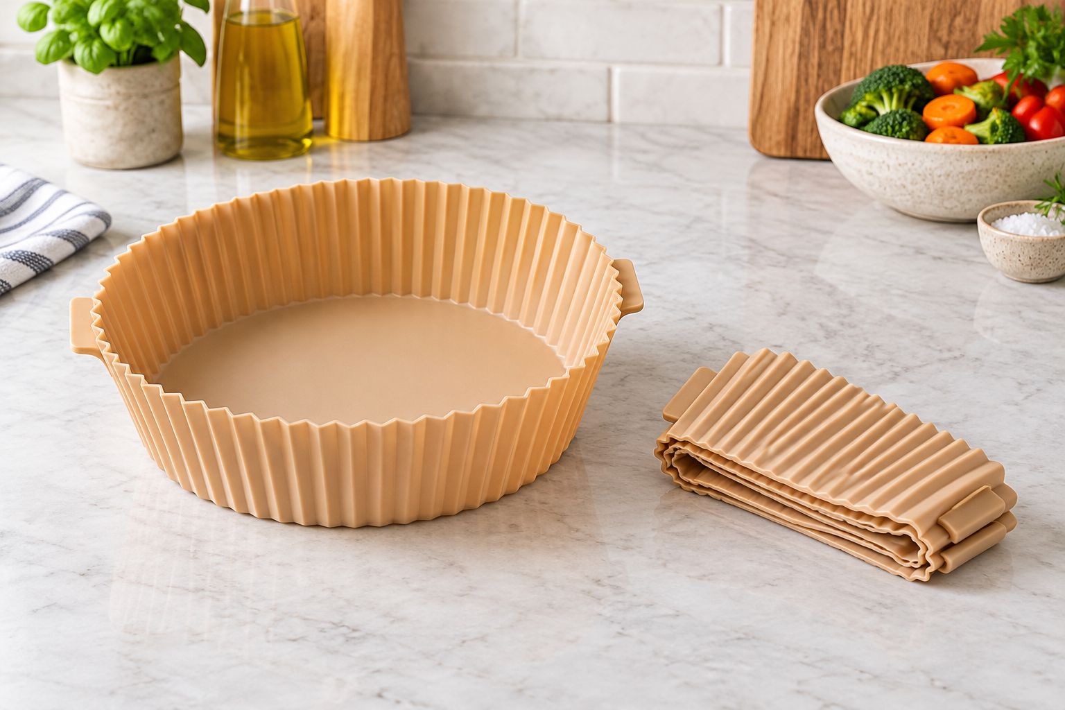 An open silicone air fryer liner beside a folded liner on a kitchen worktop