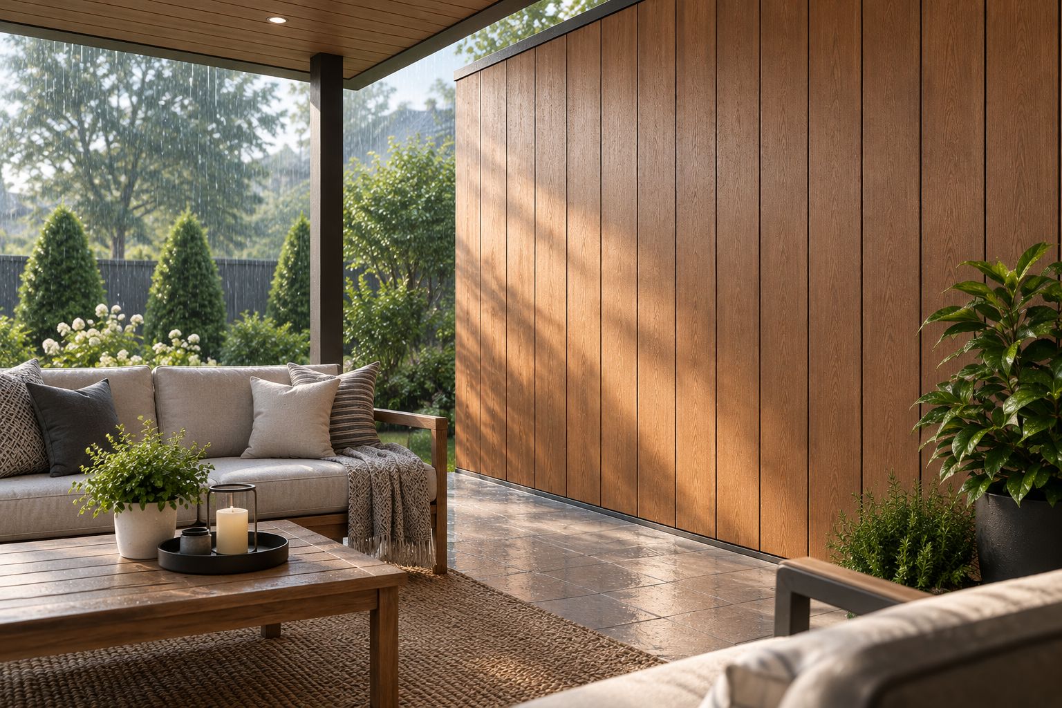 Covered patio with open sides and an exterior wall beneath a roof overhang