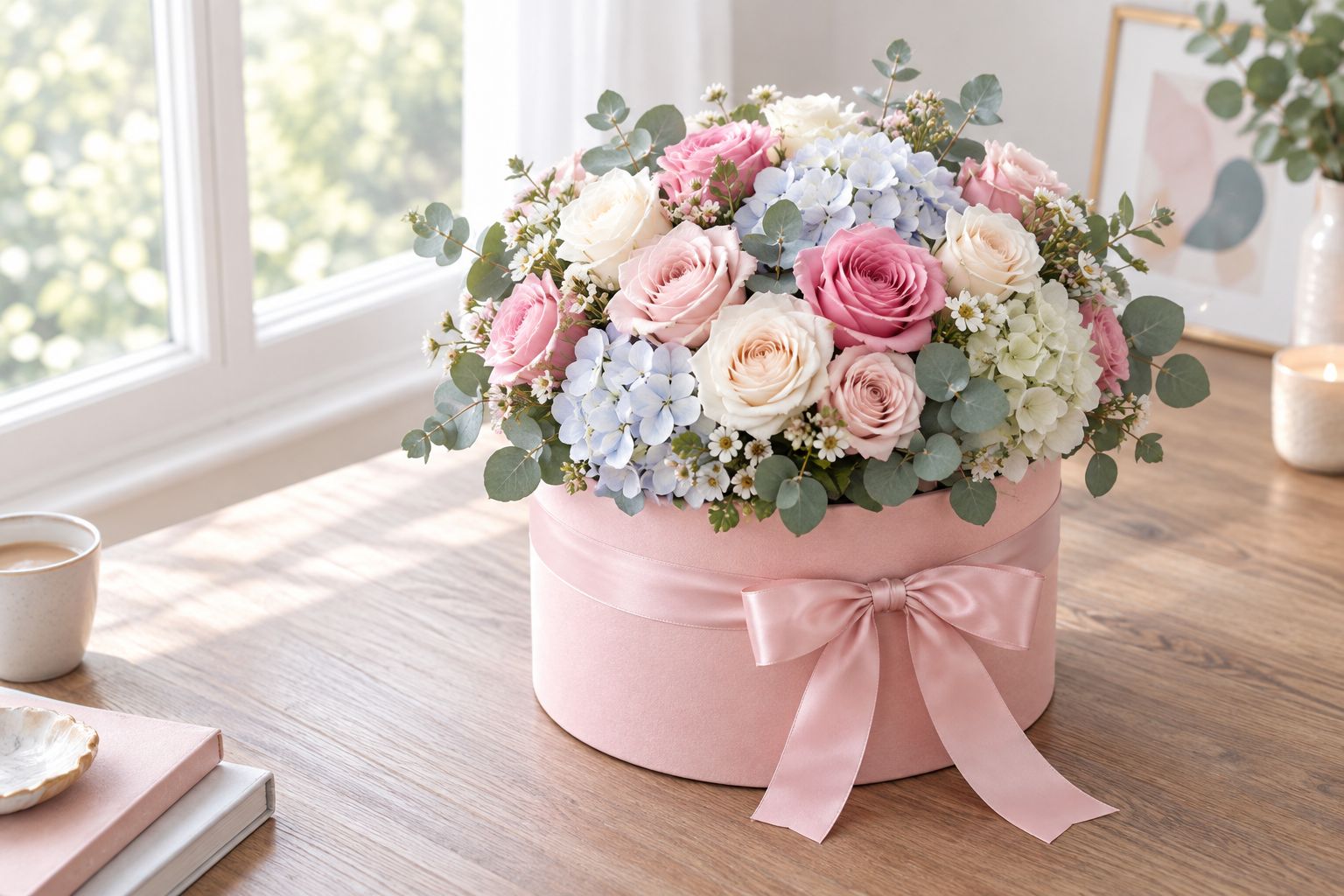 Round hat box filled with pastel roses and hydrangeas on a table.