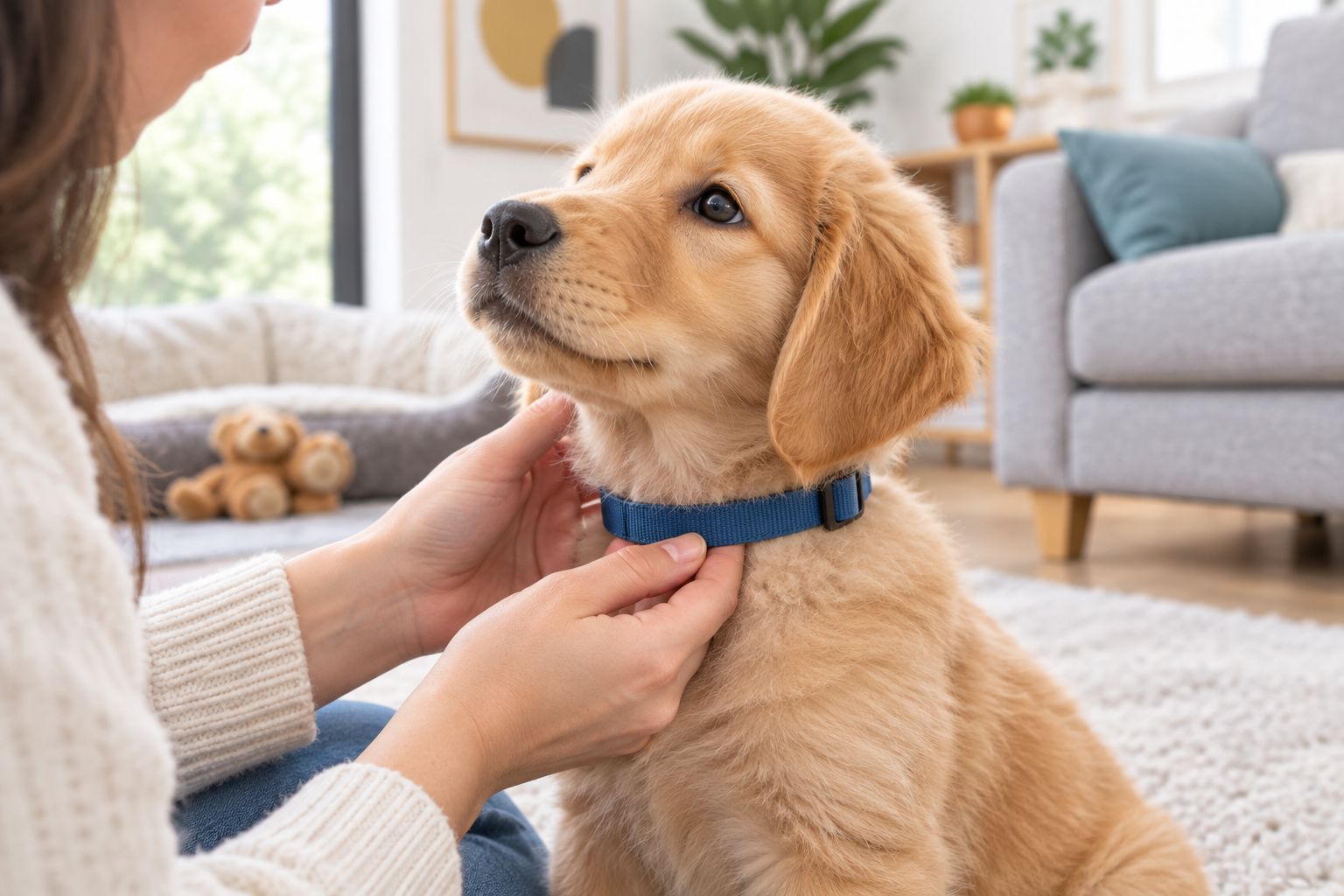 An owner checking clearance beneath a flat collar on a calm puppy
