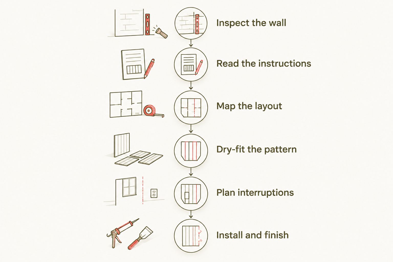 Installation sequence from inspecting the wall to fitting and finishing decorative panels