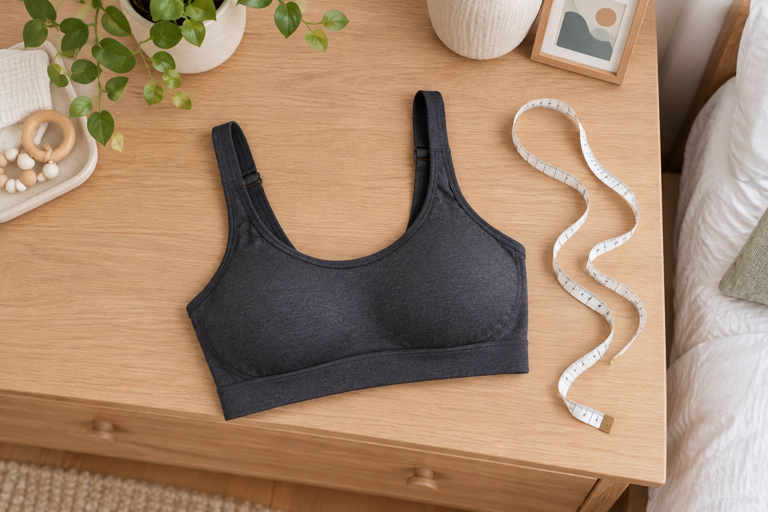 An unbranded sports bra and measuring tape laid out for a fit check