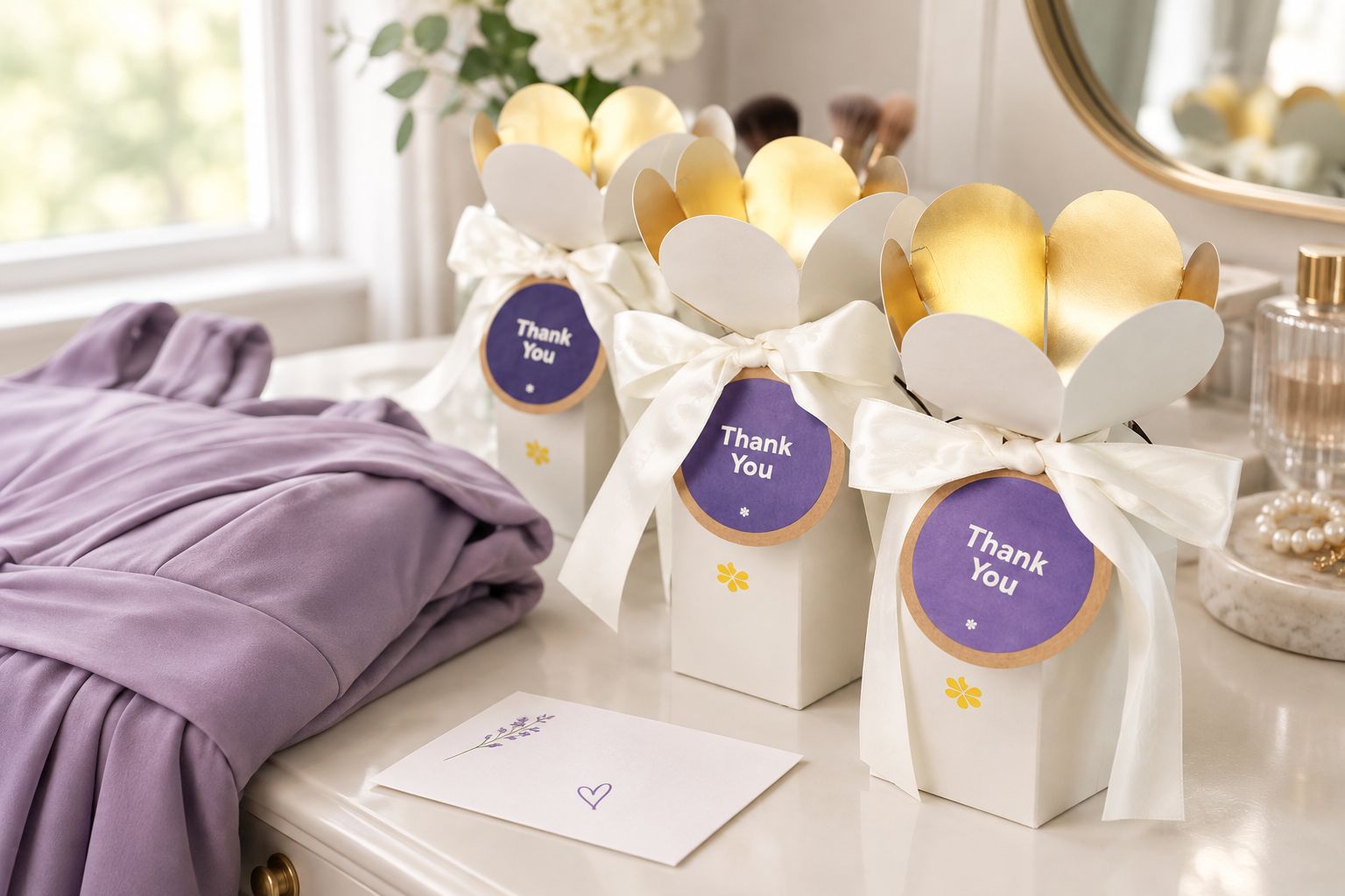 Thank-you gift beside a folded bridesmaid dress and handwritten card