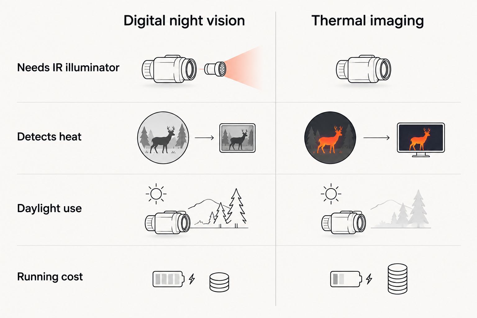 Two column comparison diagram of digital night vision versus thermal imaging for fox control