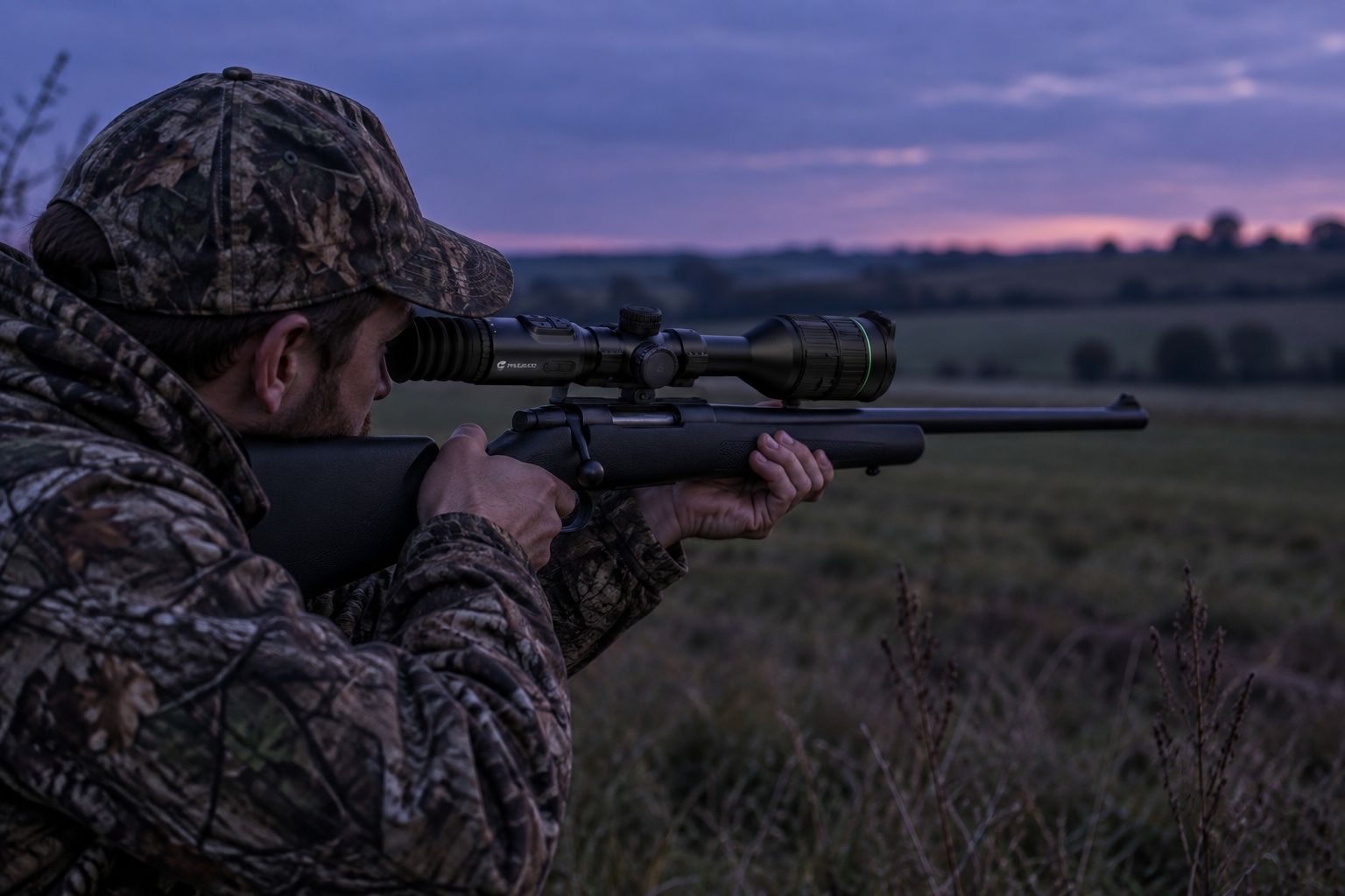Digital night vision scope mounted on a rifle in a field at dusk