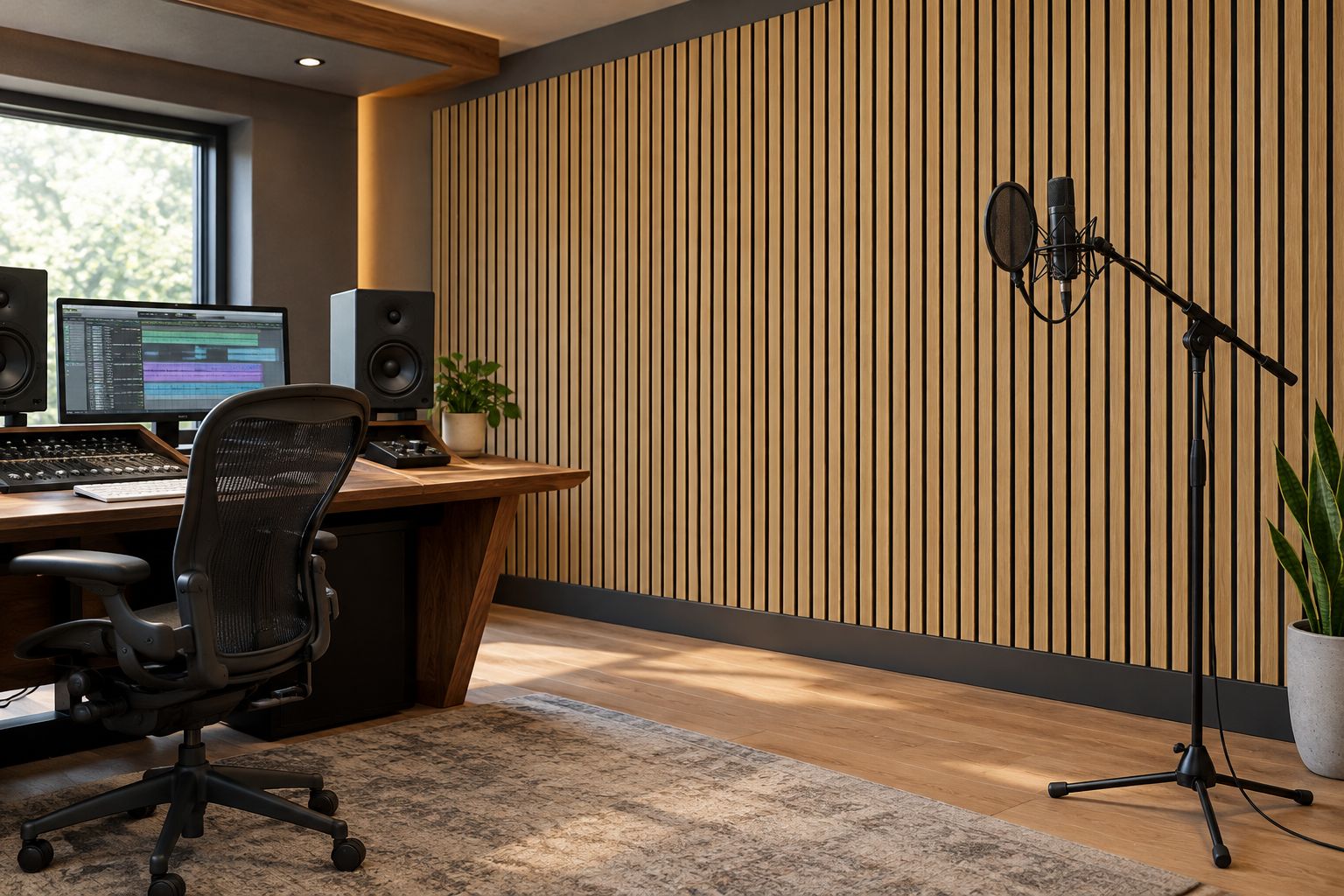Wood slat acoustic treatment beside a recording studio listening desk