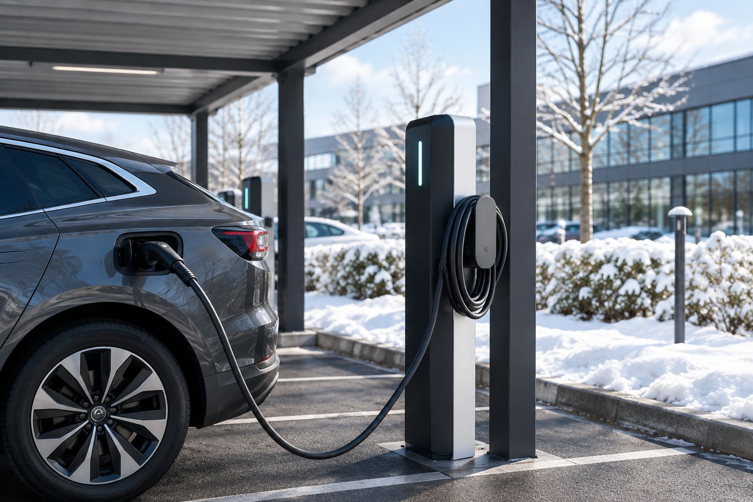 Ladekabel rullet op på en holder ved en udendørs parkeringsplads