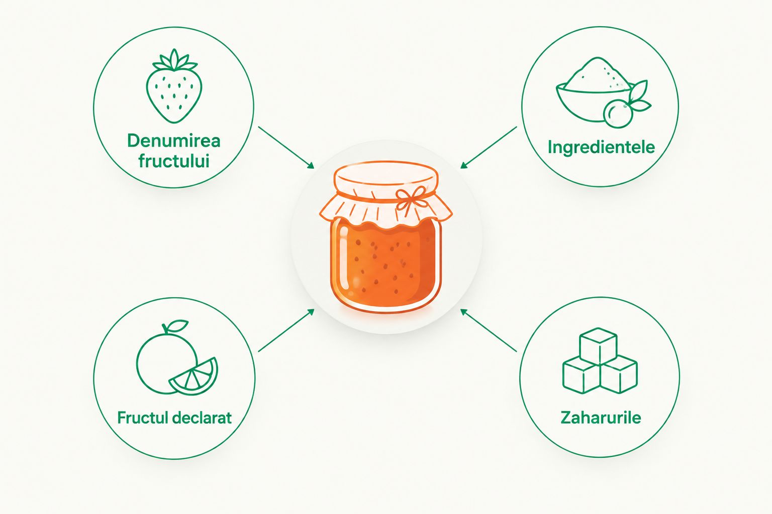 Patru informații de urmărit pe eticheta dulceții: fructul, ingredientele, cantitatea de fruct și zaharurile.