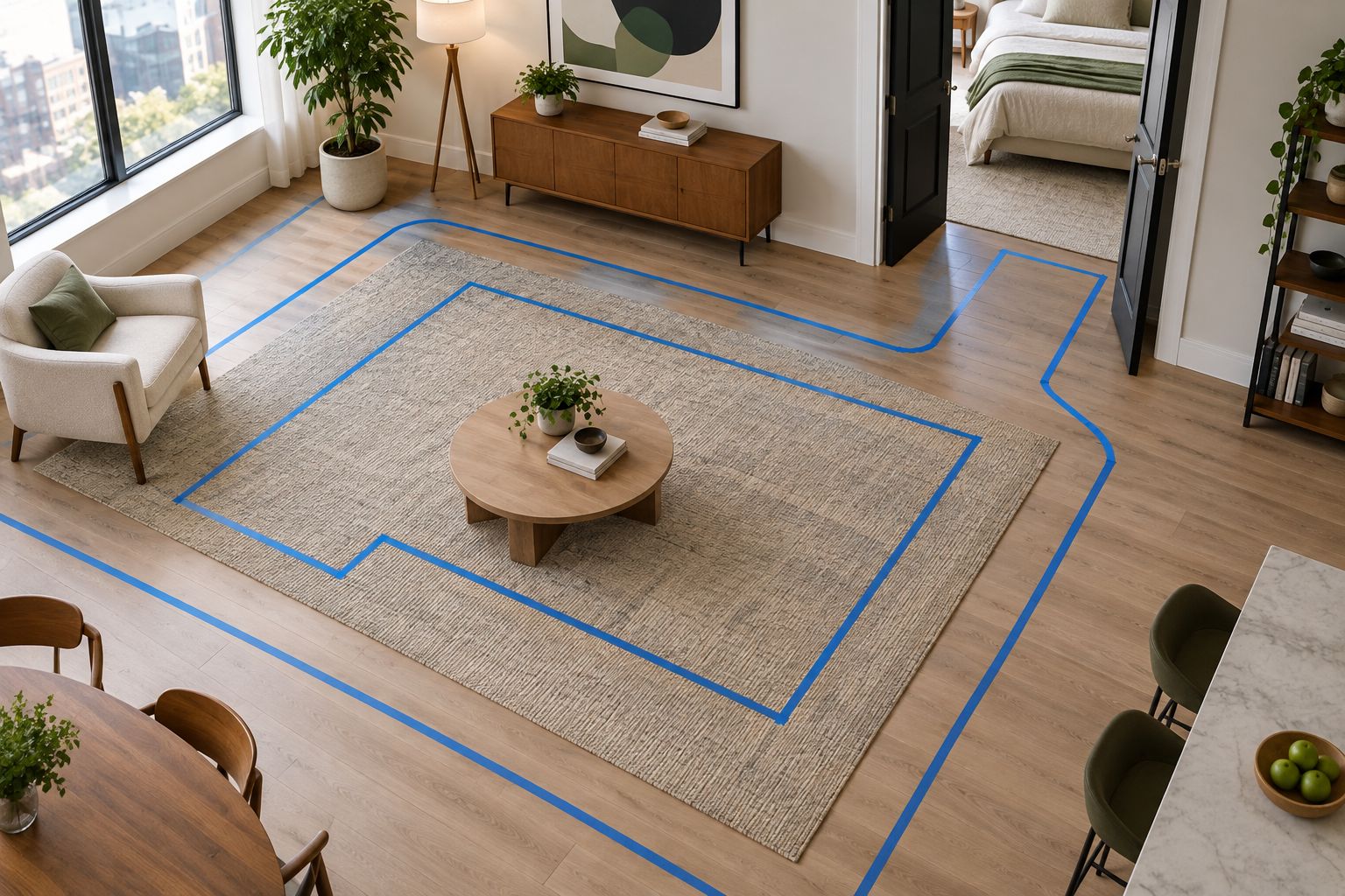 Floor tape marking a sofa footprint beside an open doorway and coffee table
