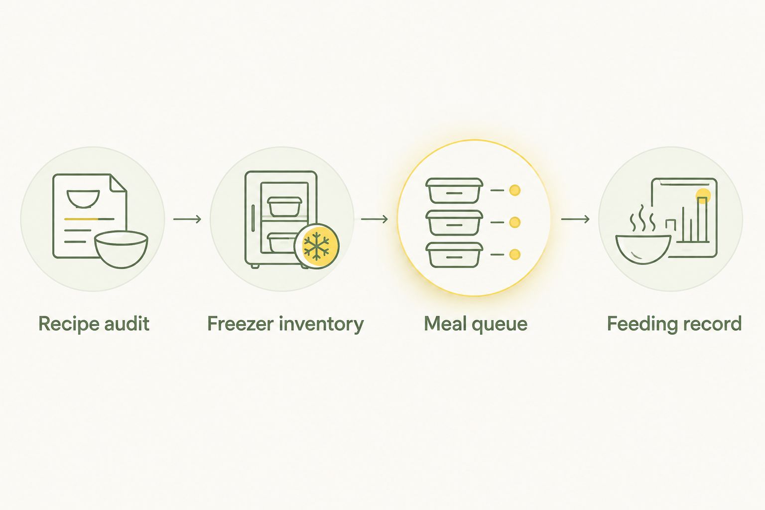 Workflow connecting recipe checks, freezer inventory, the meal queue and feeding records