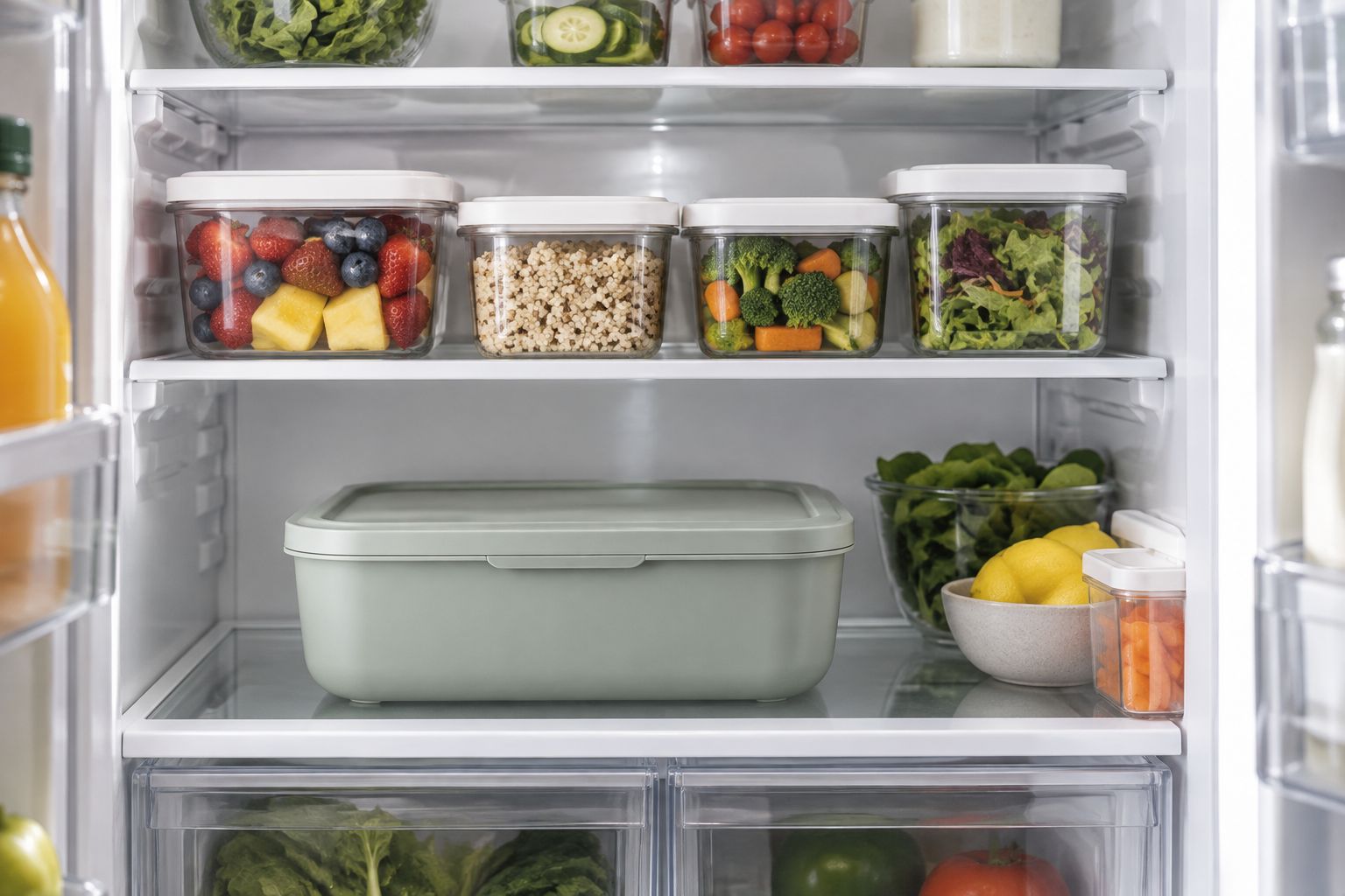 Covered raw pet food container on a lower fridge shelf, separate from other food
