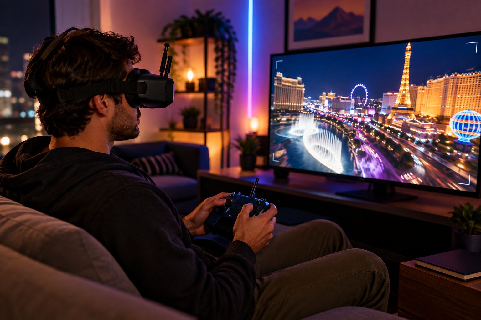 Person wearing FPV goggles flying a drone simulator at an indoor meetup