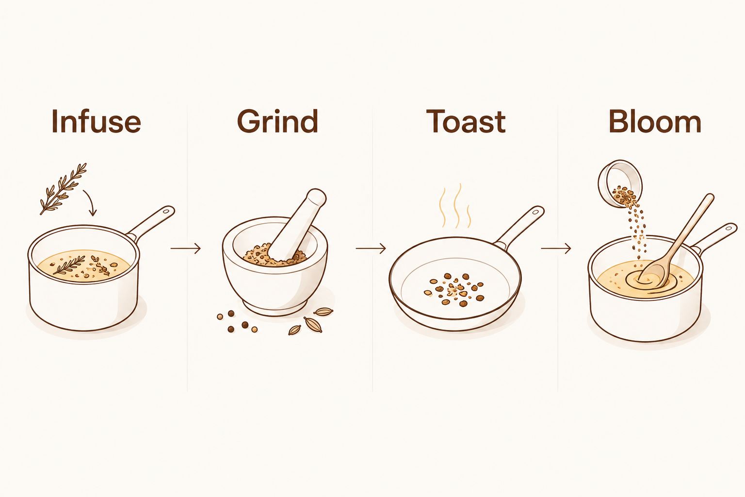 Four cooking methods for whole spices: infuse, grind, toast, and bloom