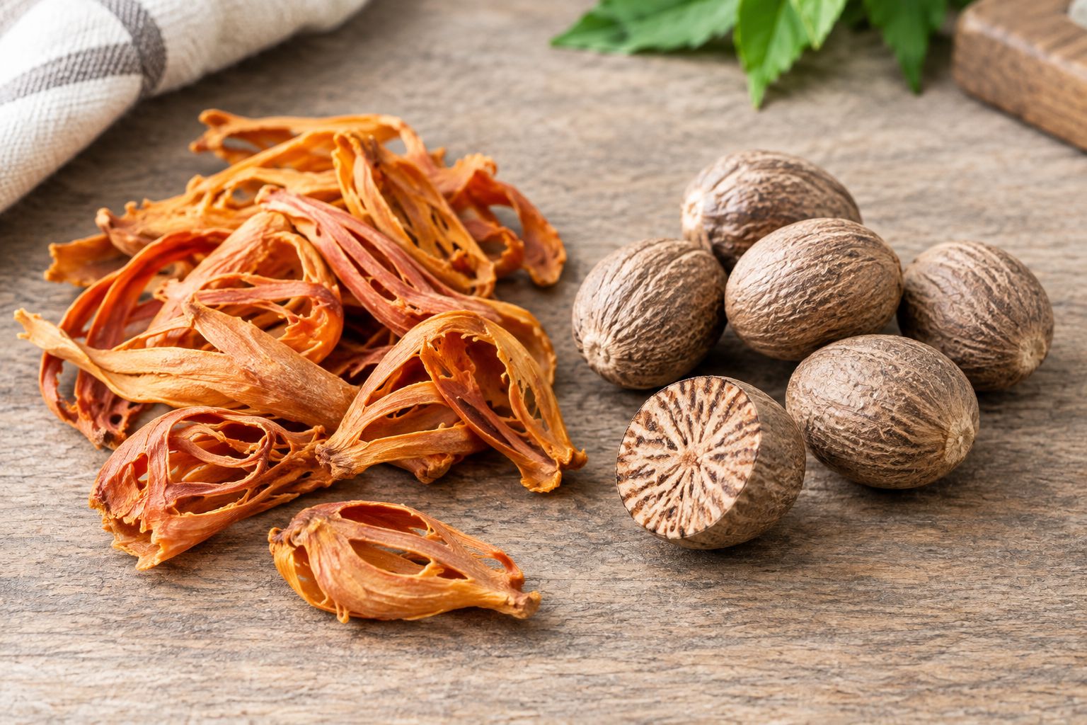 Lacy dried mace blades beside solid whole nutmeg kernels and a cut nutmeg interior