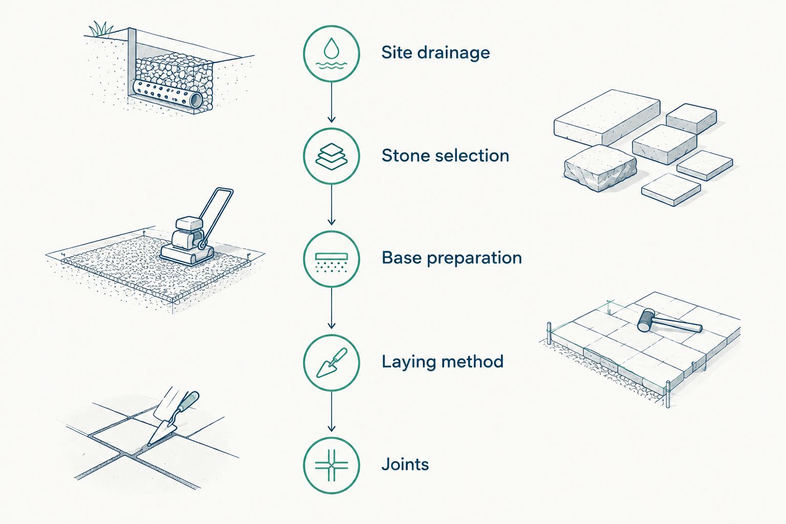Five flagstone installation checks, from site drainage through joint selection