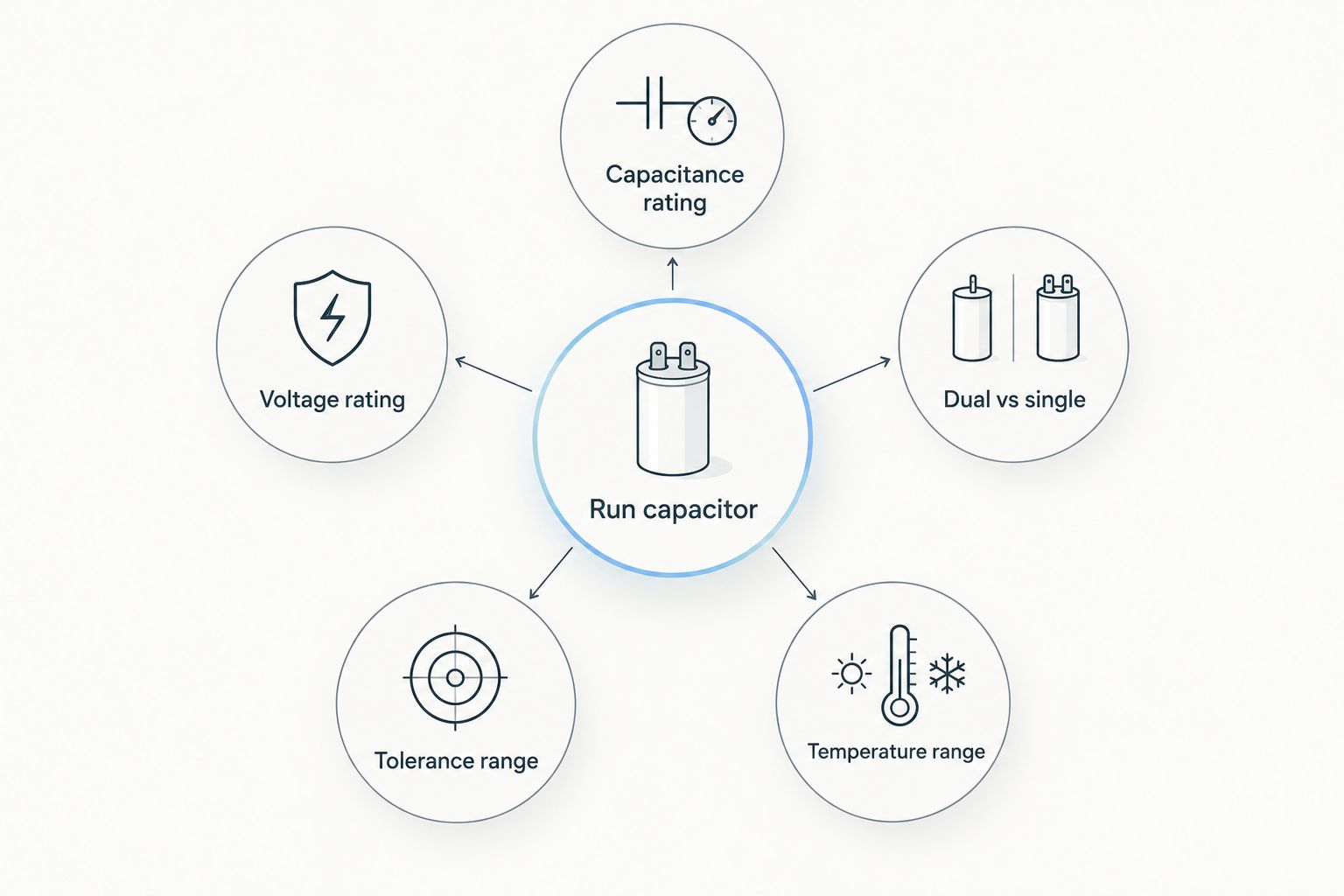 Diagram of the five criteria used to pick a run capacitor