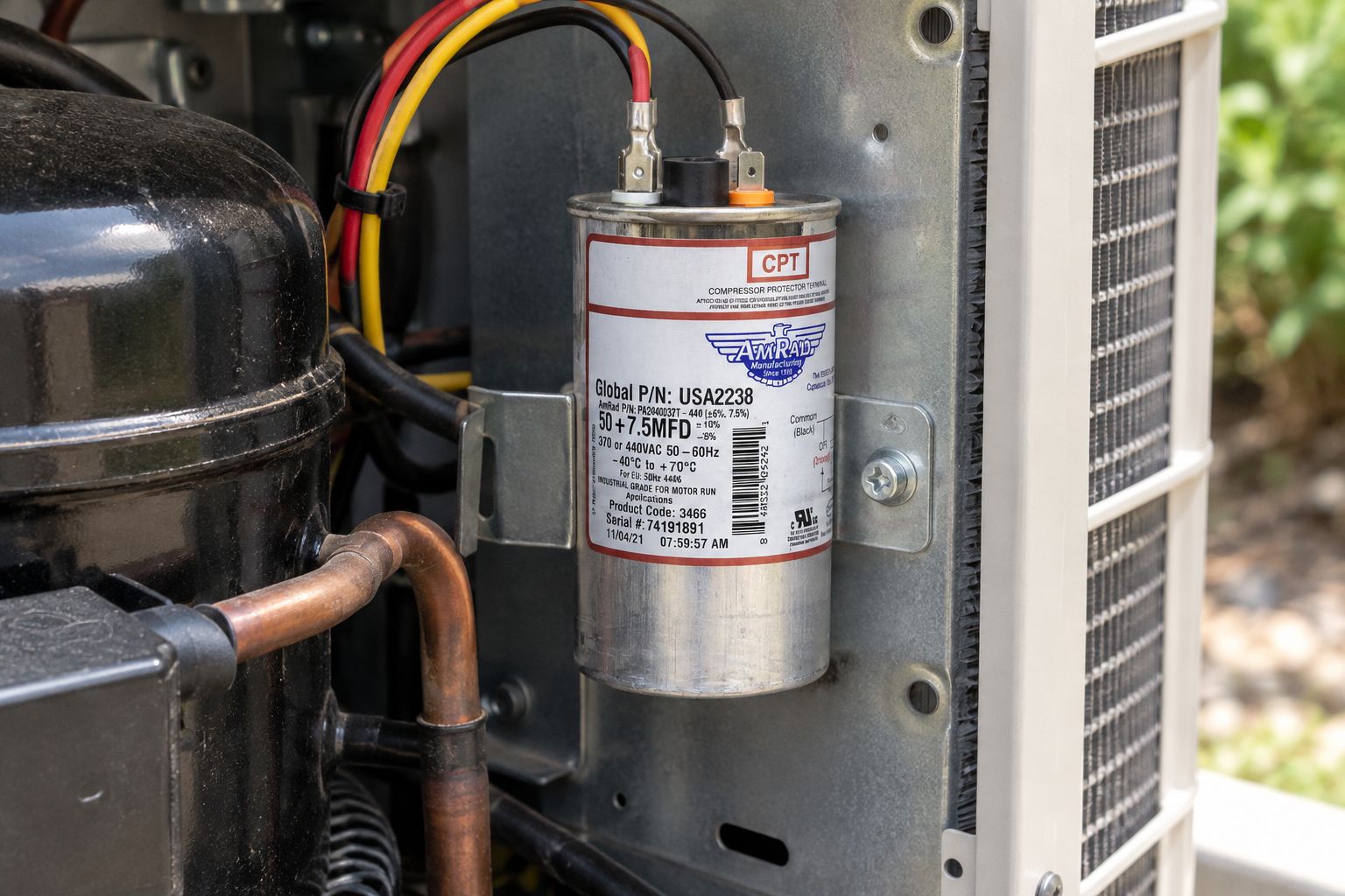 Amrad USA2238 run capacitor installed inside an AC condenser unit