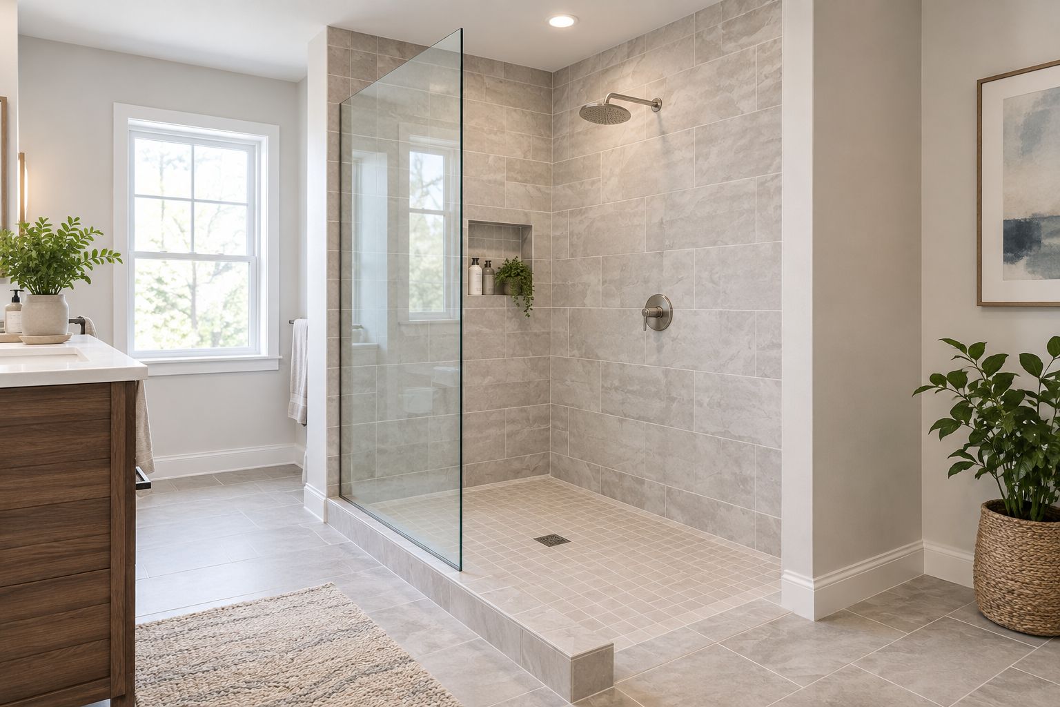 Fixed glass shower screen with an open entry positioned away from the showerhead