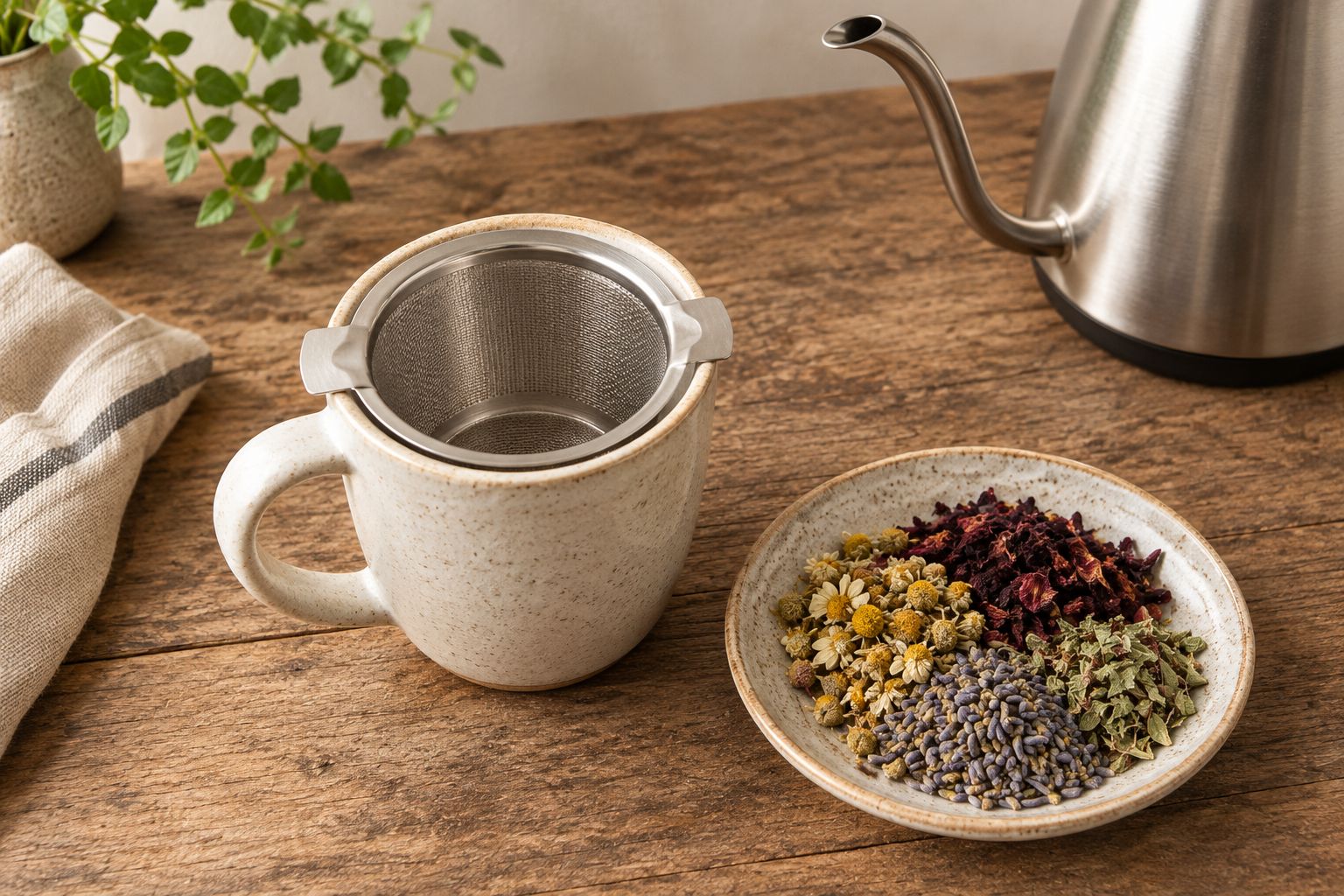 A mug with a roomy basket infuser beside dried herbal ingredients and a kettle