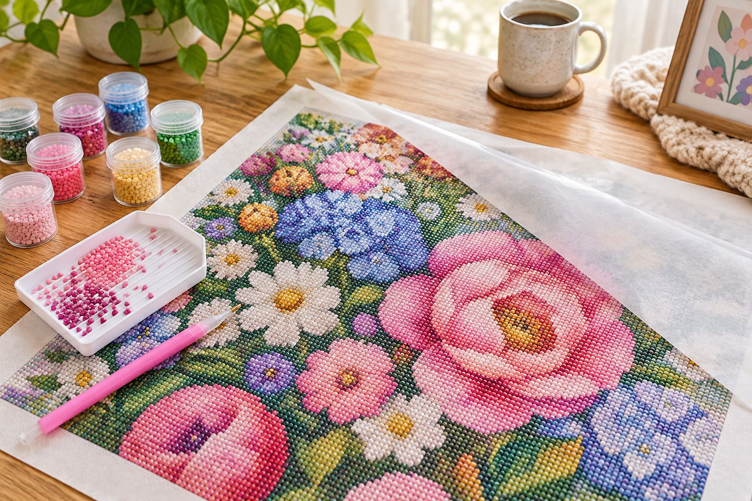 Floral diamond painting workspace with a small exposed area, grooved tray, pen, and closed drill jars