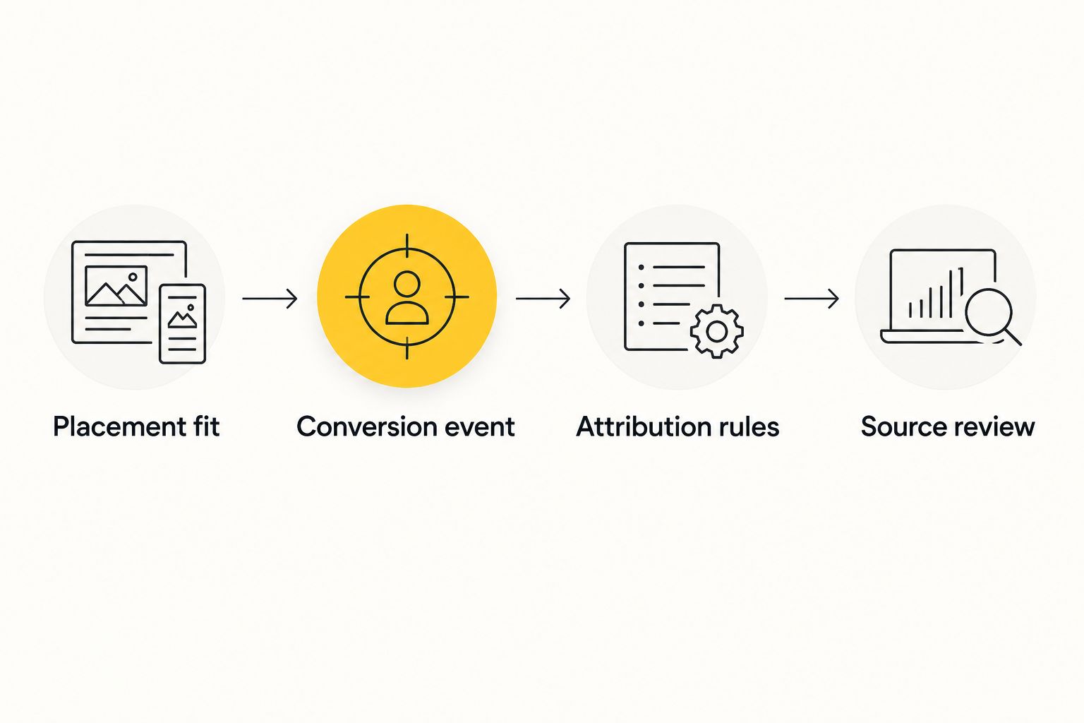 Four checks for comparing video campaigns: placement, conversion event, attribution, and source review.