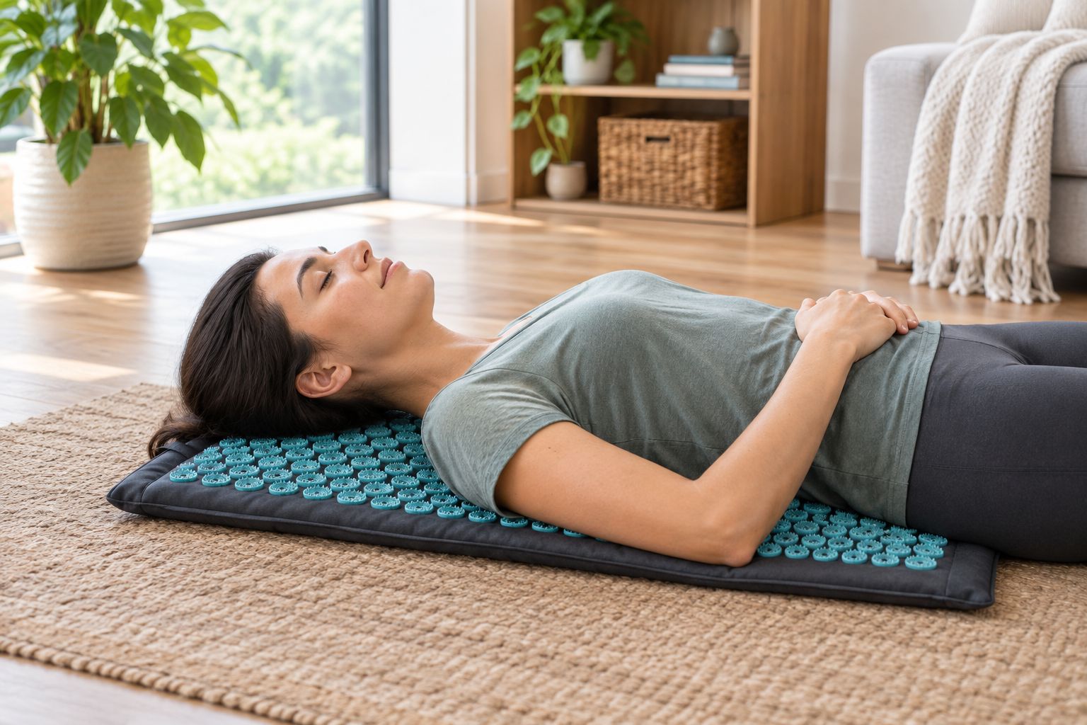 Person lying on an acupressure mat at home with a t-shirt as a barrier layer